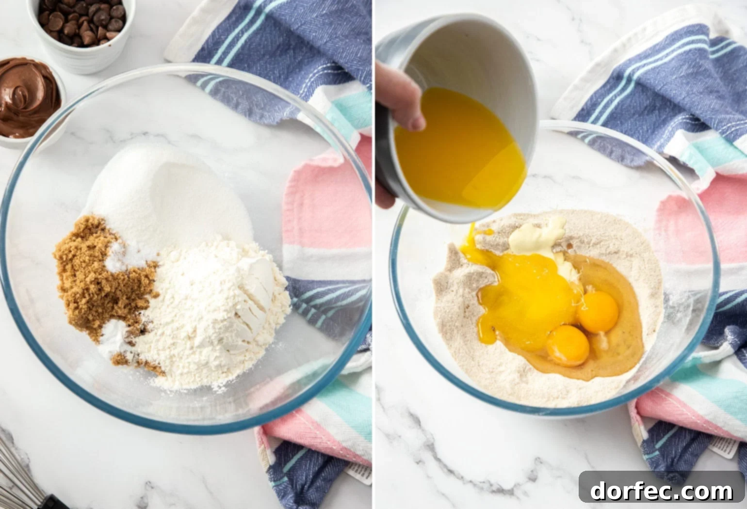 Two images showing combining ingredients for blondies in a glass bowl, showcasing the ease of preparation.