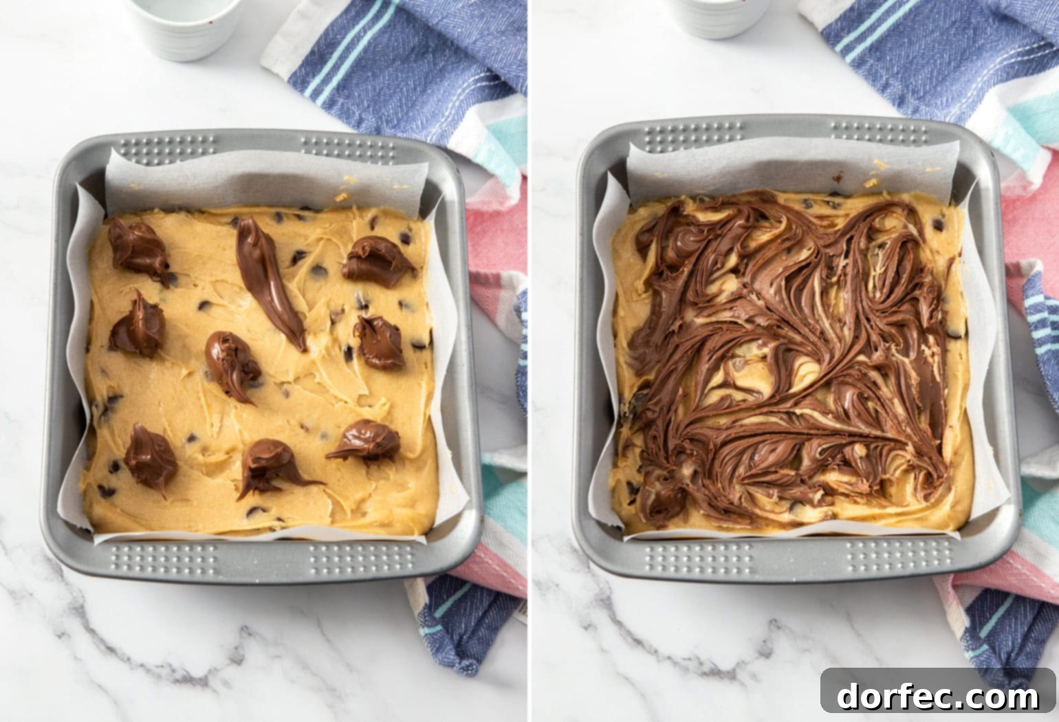 Two images showing the swirling of nutella on top of blondie batter, demonstrating the simple technique.