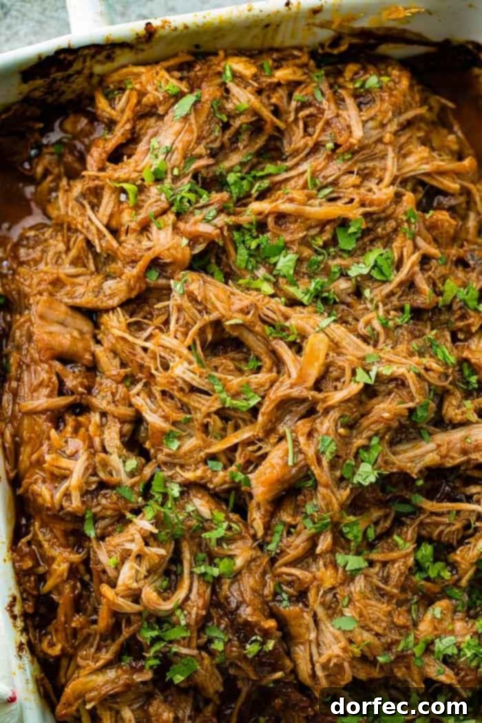 an entire pan of shredded cafe rio sweet pork copycat recipe with chopped cilantro on top
