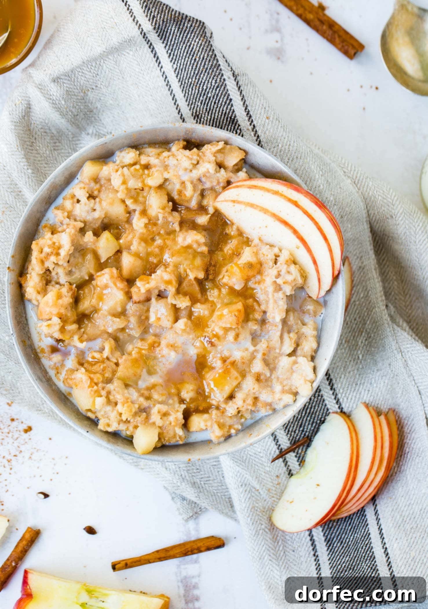 A photo of a bowl of apple pie slow cooker oatmeal with caramel and thinly sliced apples on top with milk added
