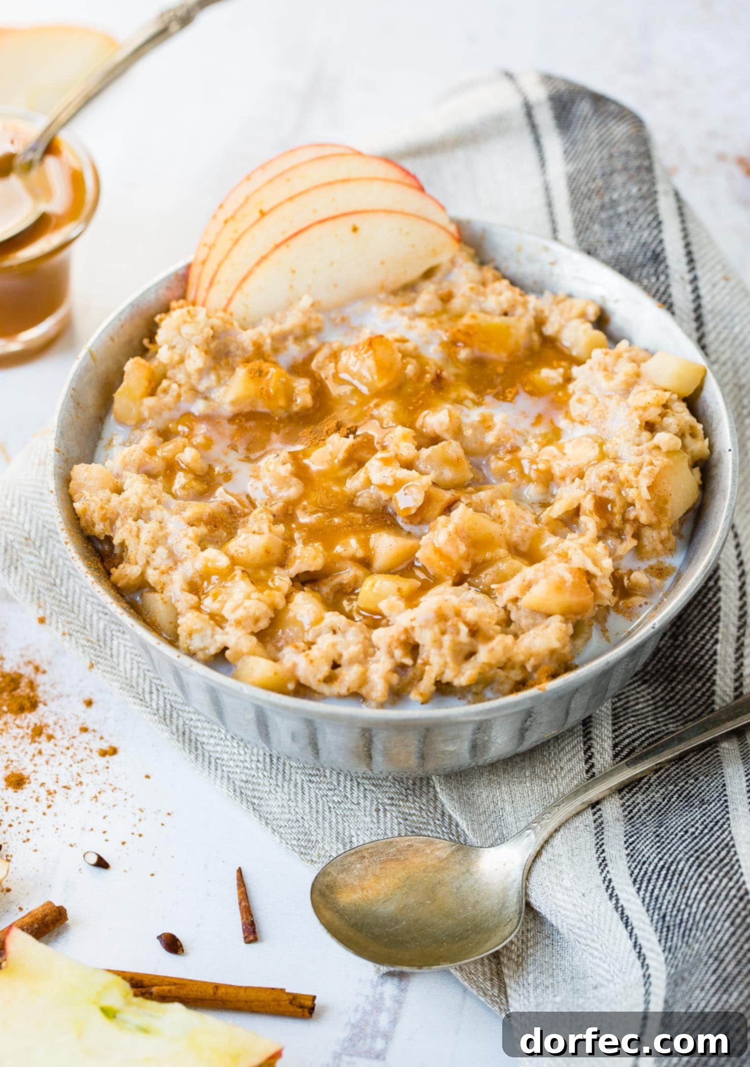 A photo of a bowl of oatmeal full of apple chunks and topped with caramel drizzle and thinly sliced apples