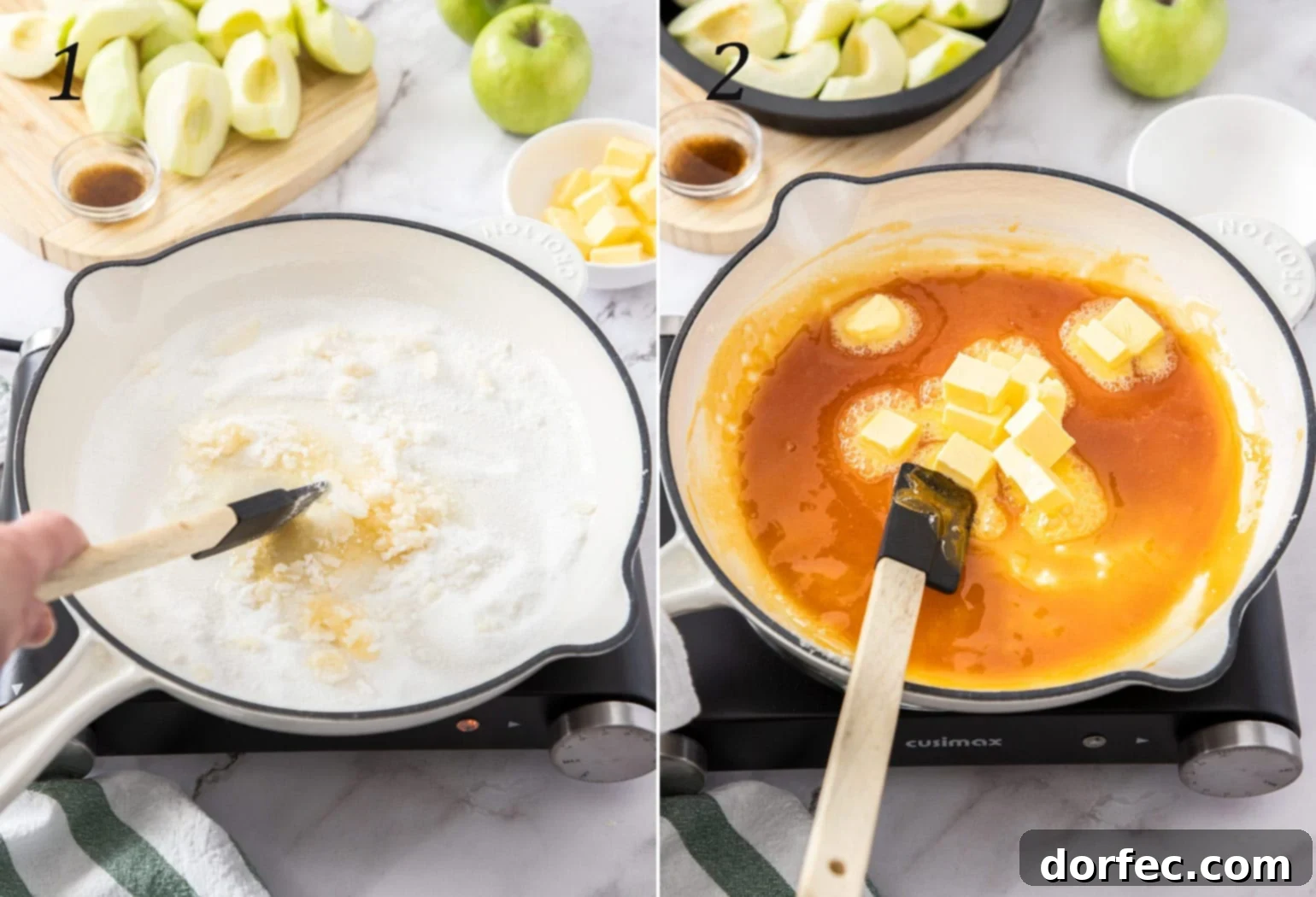 Two side-by-side images: On the left, sugar melting in a white pan, transforming into caramel with fresh apples on a cutting board in the background. On the right, quartered apples arranged in a grey pie tin on a wooden board, being covered with a sheet of puff pastry.