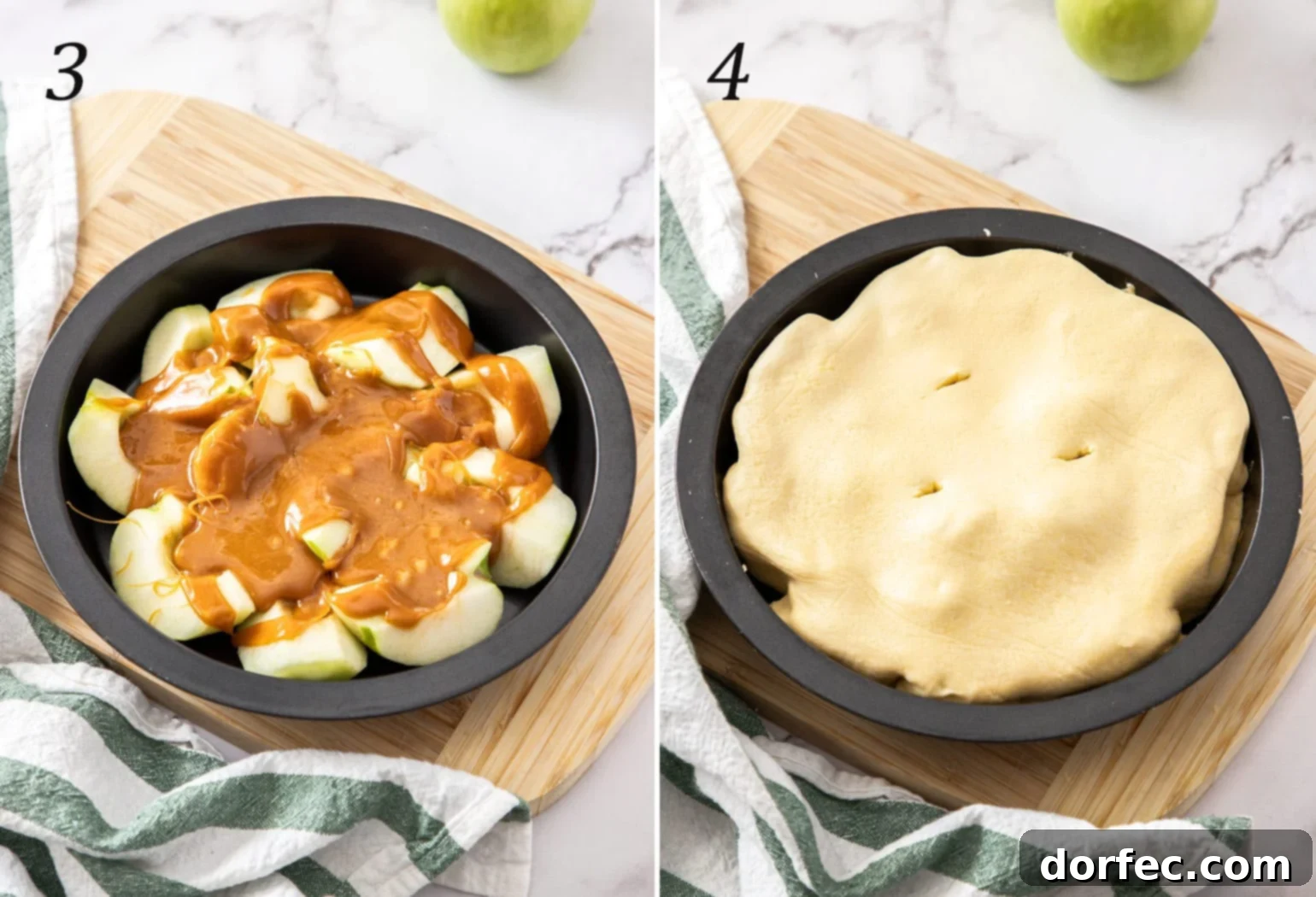 Caramelized Apple Tarte Tatin 5 Apples in a grey pie tin on a wooden board being covered with puff pastry, ready for baking.