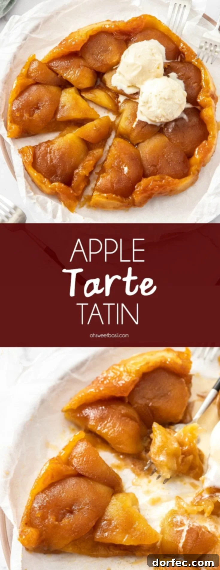 Caramelized Apple Tarte Tatin 8 A large, beautifully golden Apple Tarte Tatin with melting vanilla ice cream, presented on a piece of baking paper atop a marble surface, ready to be served.