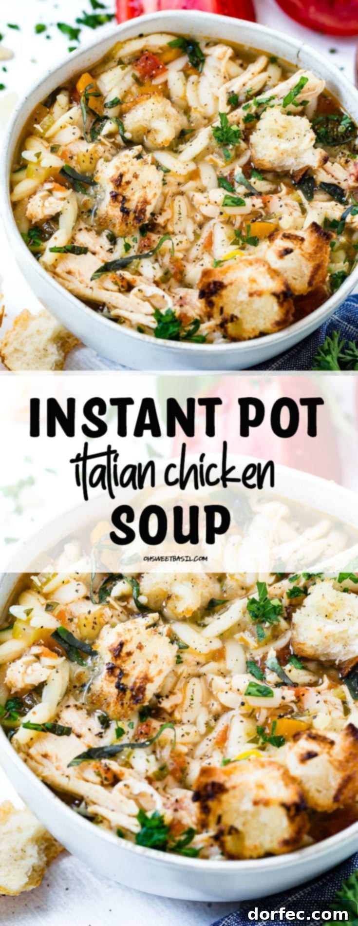 A beautifully presented bowl of Instant Pot Italian Chicken Soup, garnished with fresh parsley and slices of toasted bread, on a wooden board.