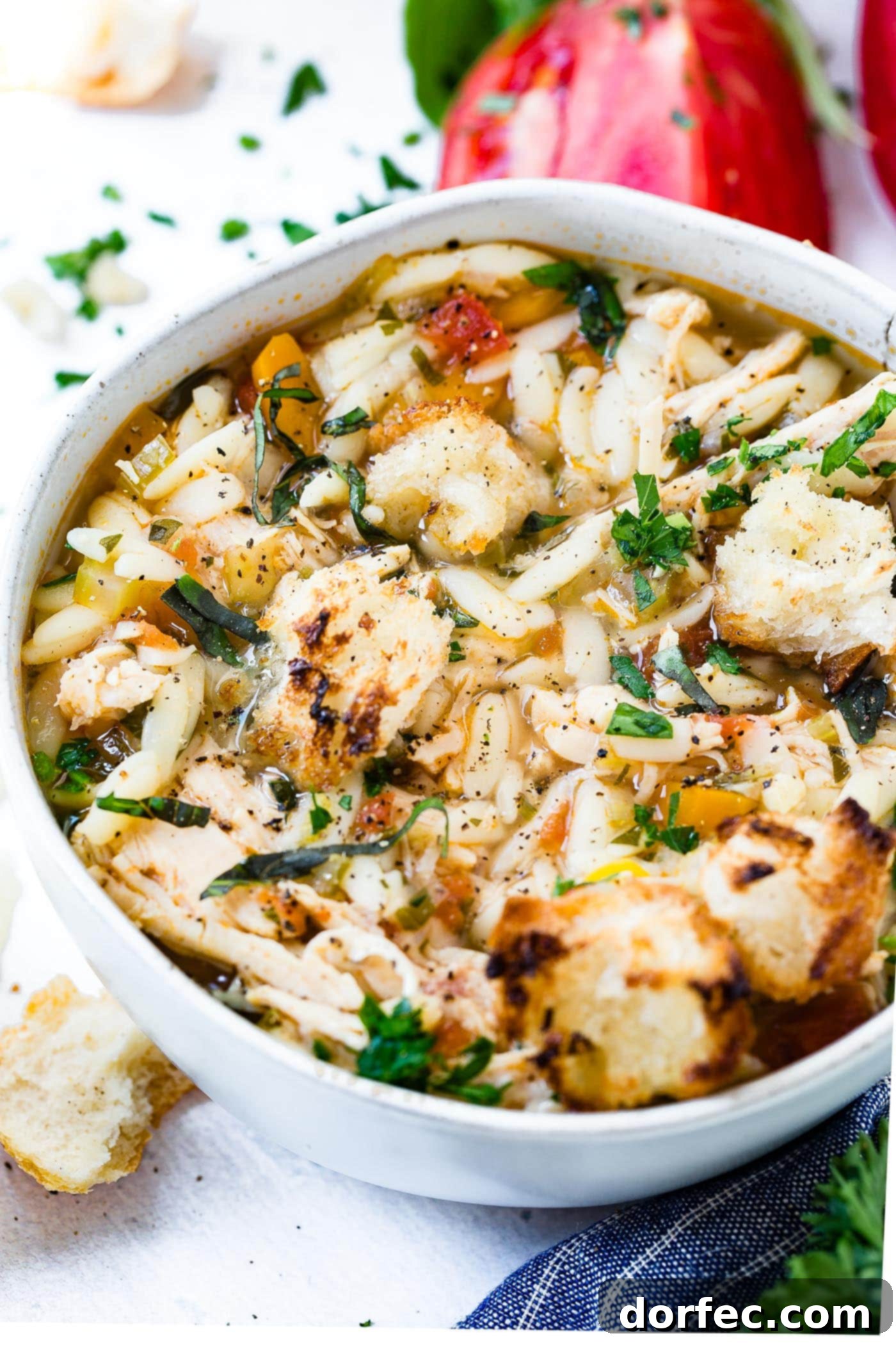 A close-up photo of a generous white bowl of Instant Pot Italian Chicken Soup, garnished with chopped fresh parsley and rustic bread pieces.