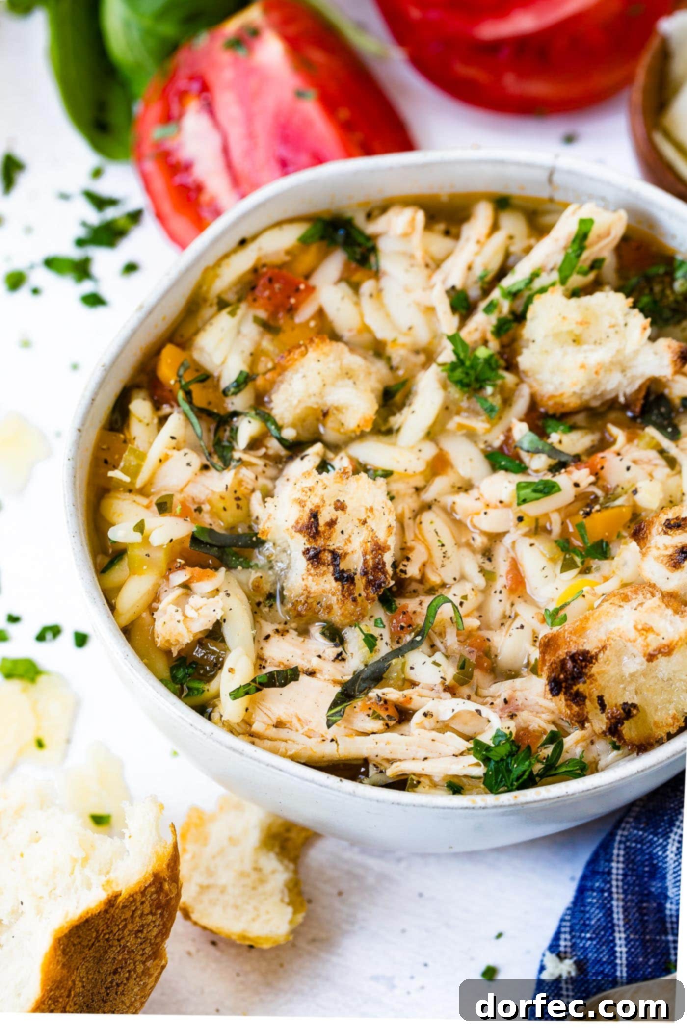 A vibrant close-up of Instant Pot Italian Chicken Soup in a white bowl, showcasing tender chicken, orzo, and fresh herbs, with crusty bread for dipping.
