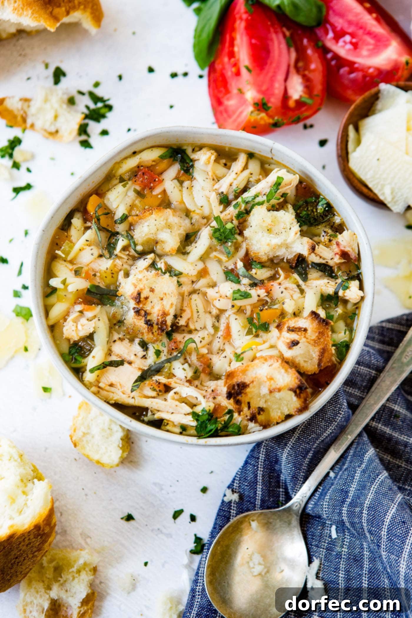 A full white bowl of Instant Pot Italian Chicken Soup, garnished with vibrant fresh parsley and crispy crusty bread on a rustic wooden surface.