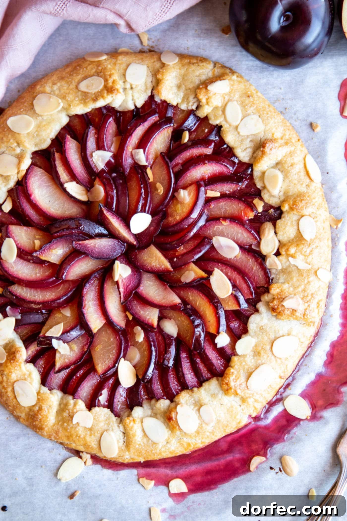 Orchard Plum Galette 2 A beautiful Plum Galette, golden and glistening with sugar, on a baking sheet, ready to be served.