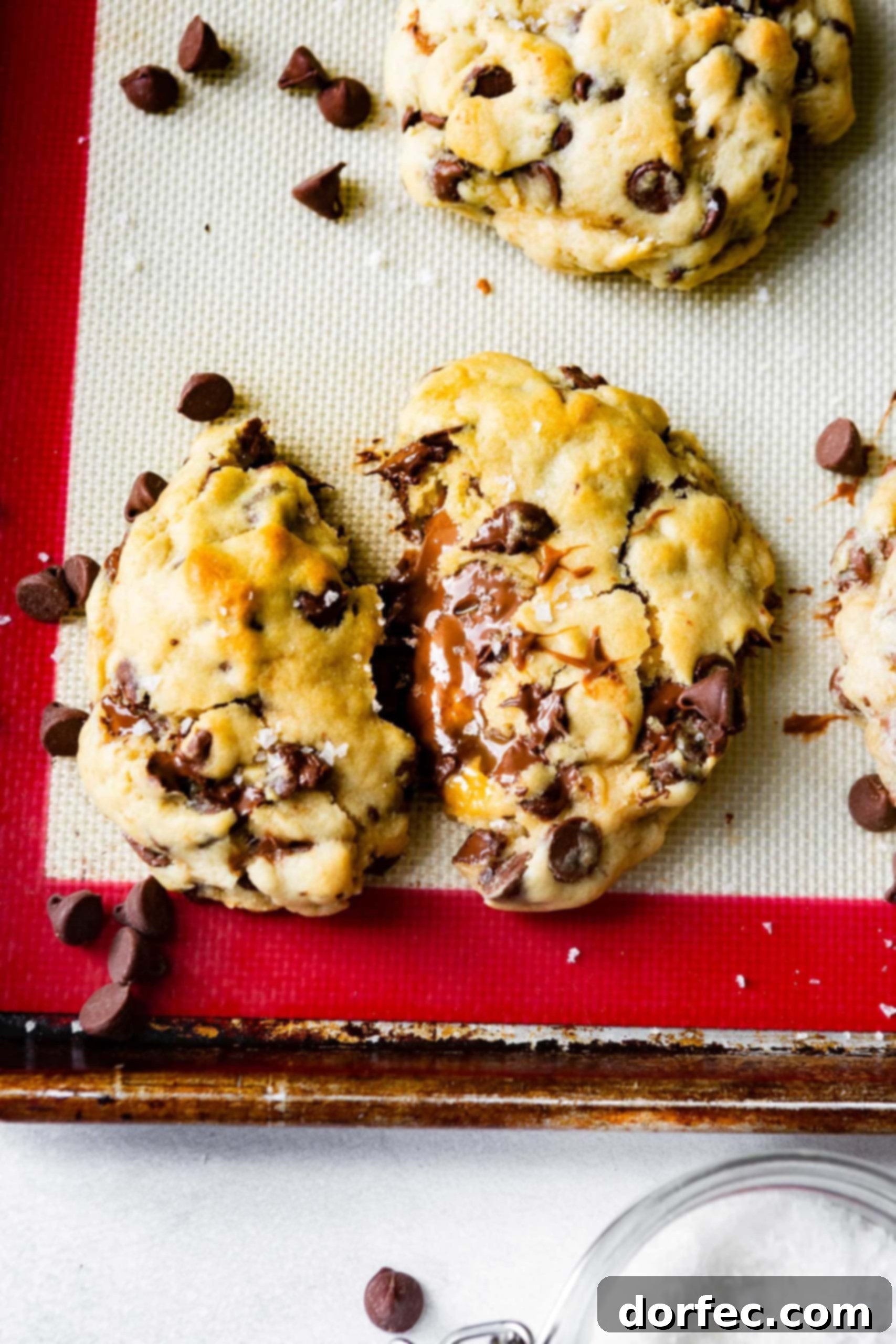 a thick chocolate chip cookie stuffed with nutella and dulce de leche caramel split in half with chocolate chips sprinkled around it