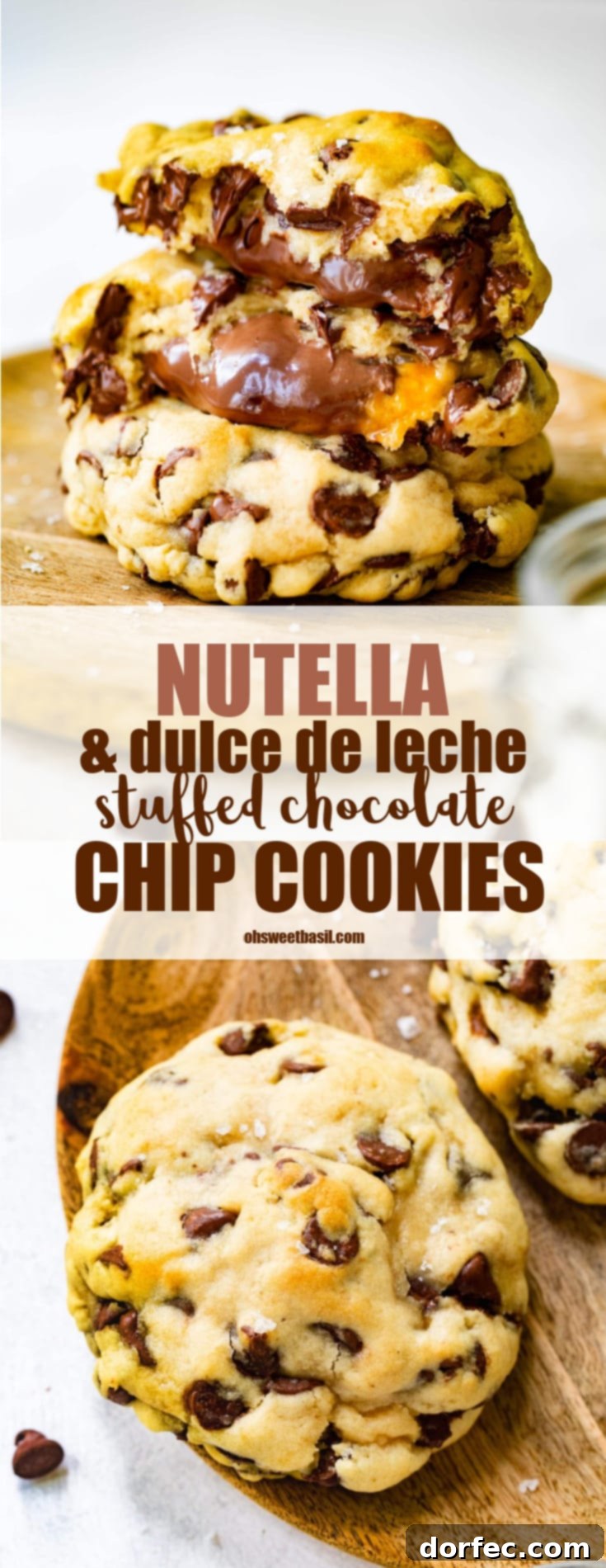 chocolate chip cookies stuffed with nutella and dulce de leche stacked on another chocolate chip cookie