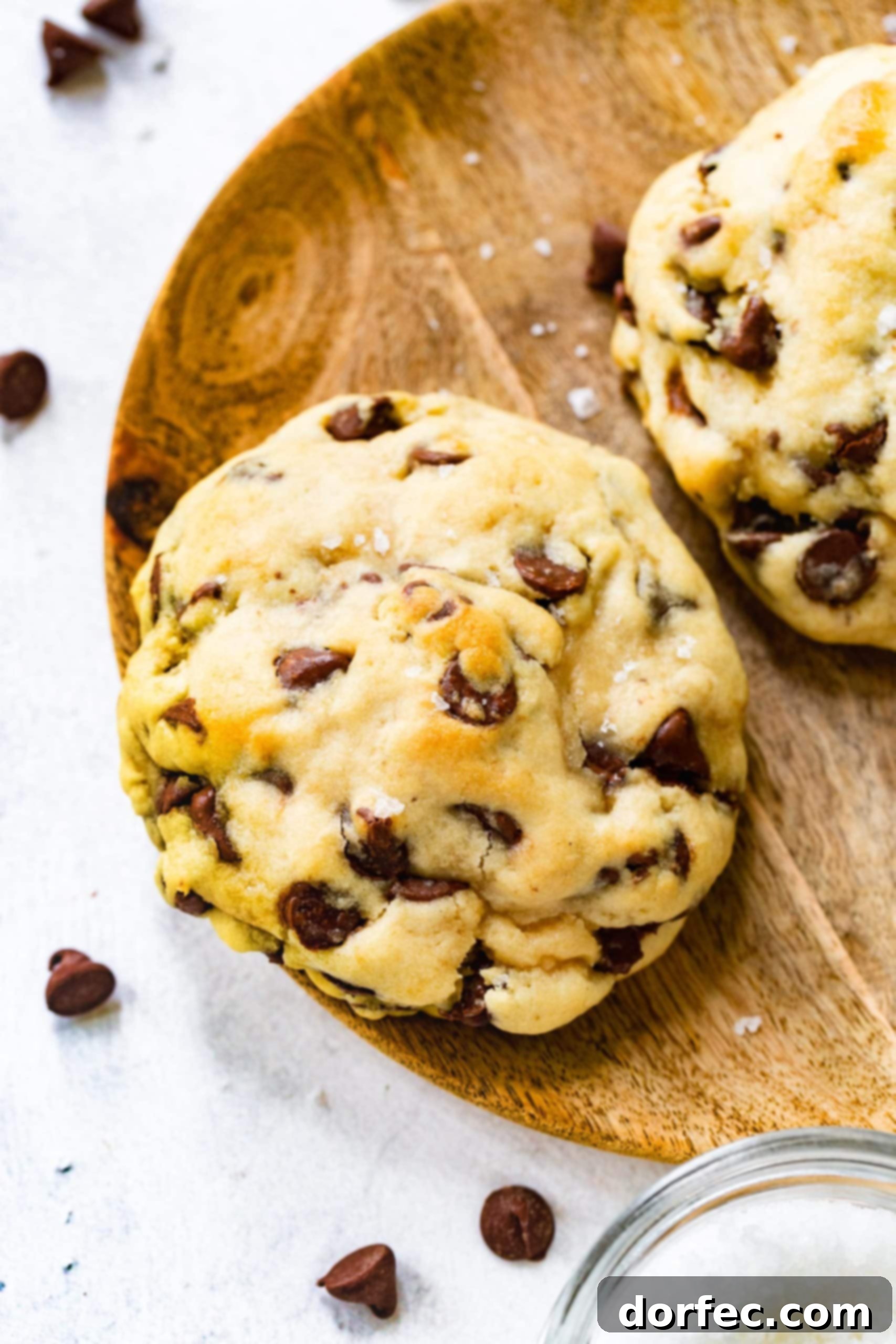 a thick chocolate chip cookie on a wooden plate with chocolate chips around it