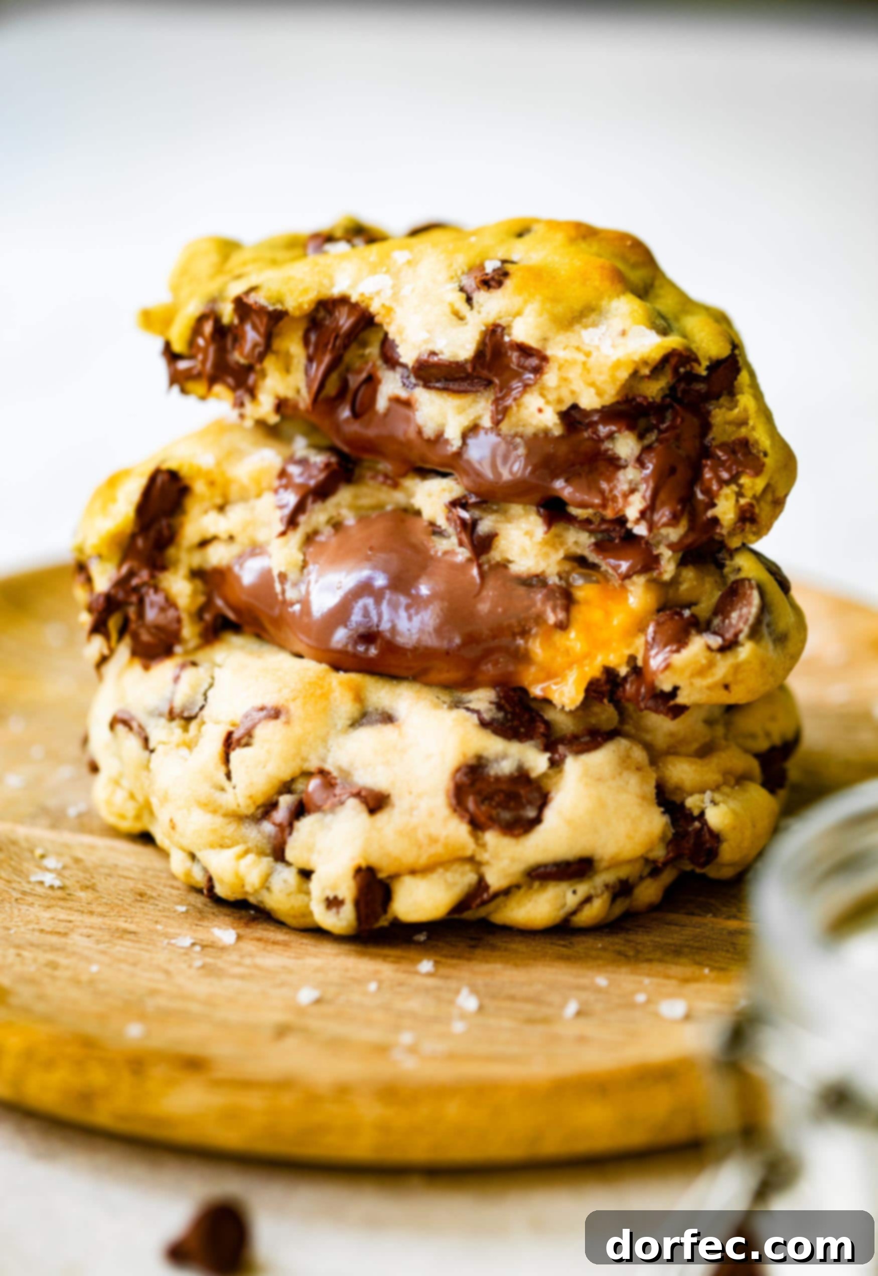 chocolate chip cookies stuffed with nutella and dulce de leche stacked on another chocolate chip cookie