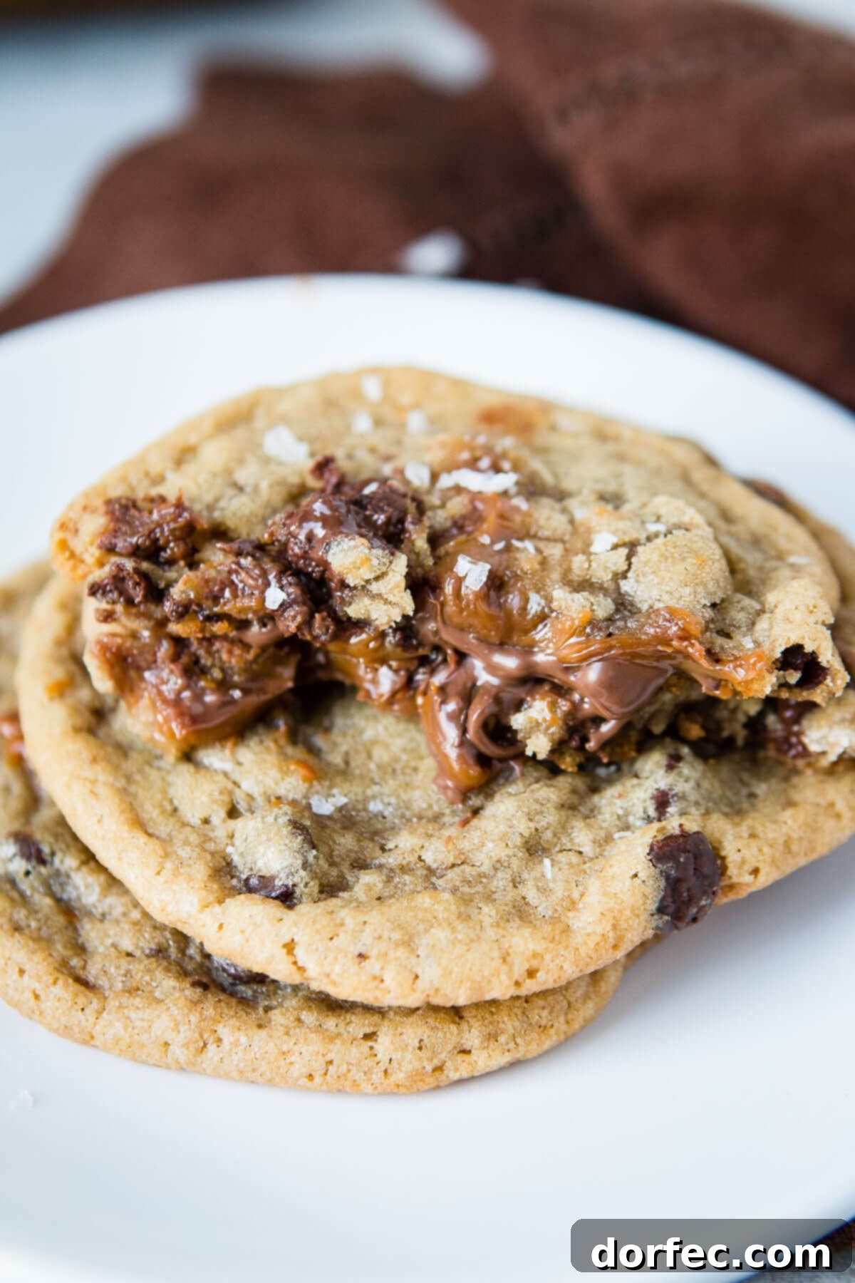 Brown butter chocolate chip cookies stuffed with nutella and dulce de leche and sprinkled with sea salt. Best cookies ever!!! ohsweetbasil.com