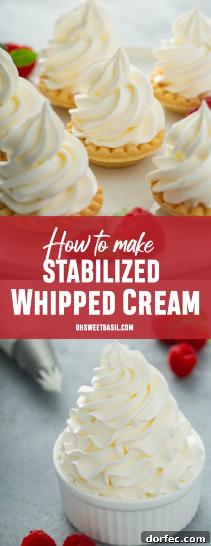Foolproof Stabilized Whipped Cream 5 Six beautifully decorated mini tarts, each topped with a delicate swirl of stabilized whipped cream and a fresh raspberry, arranged artistically on a platter.