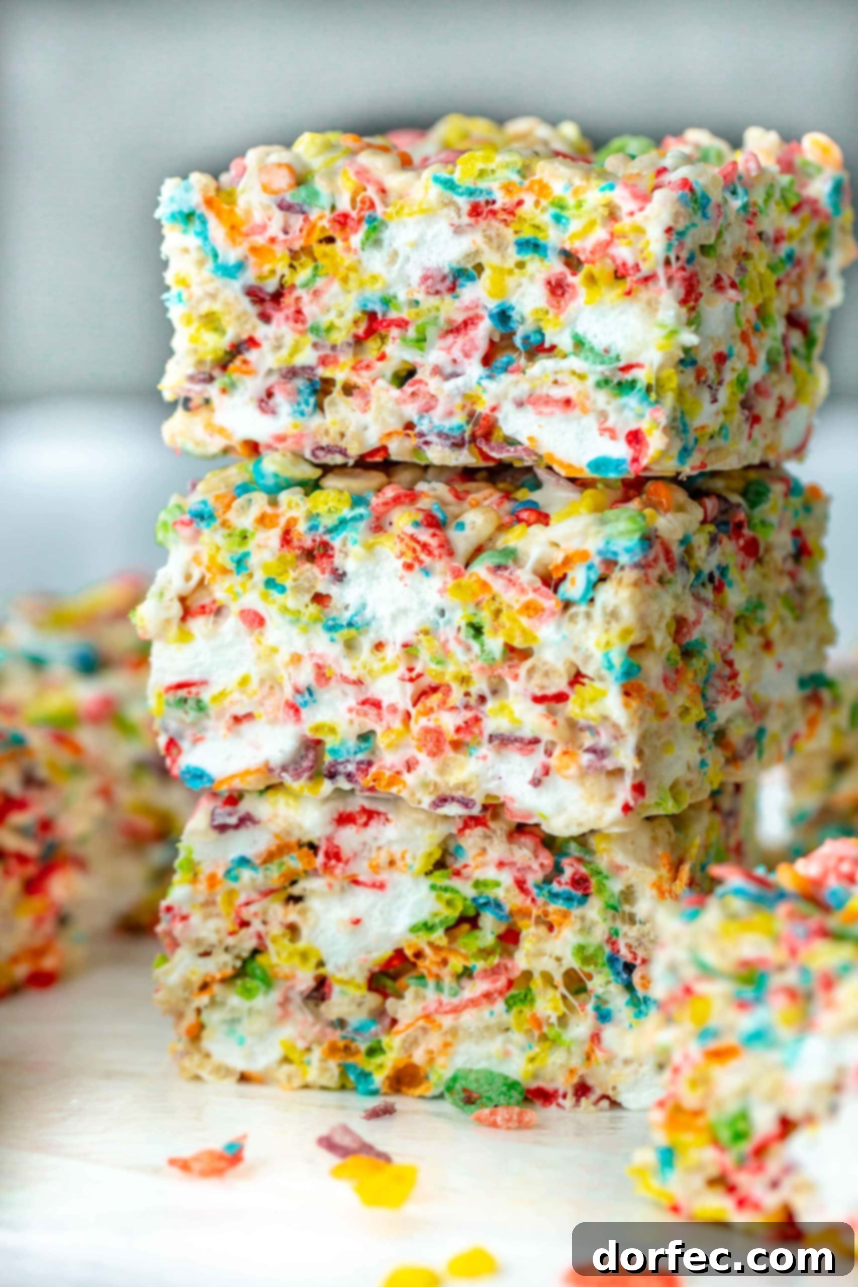 Three homemade Fruity Pebbles Rice Krispie treats stacked on top of each other, showcasing their rainbow colors and gooey marshmallow texture.
