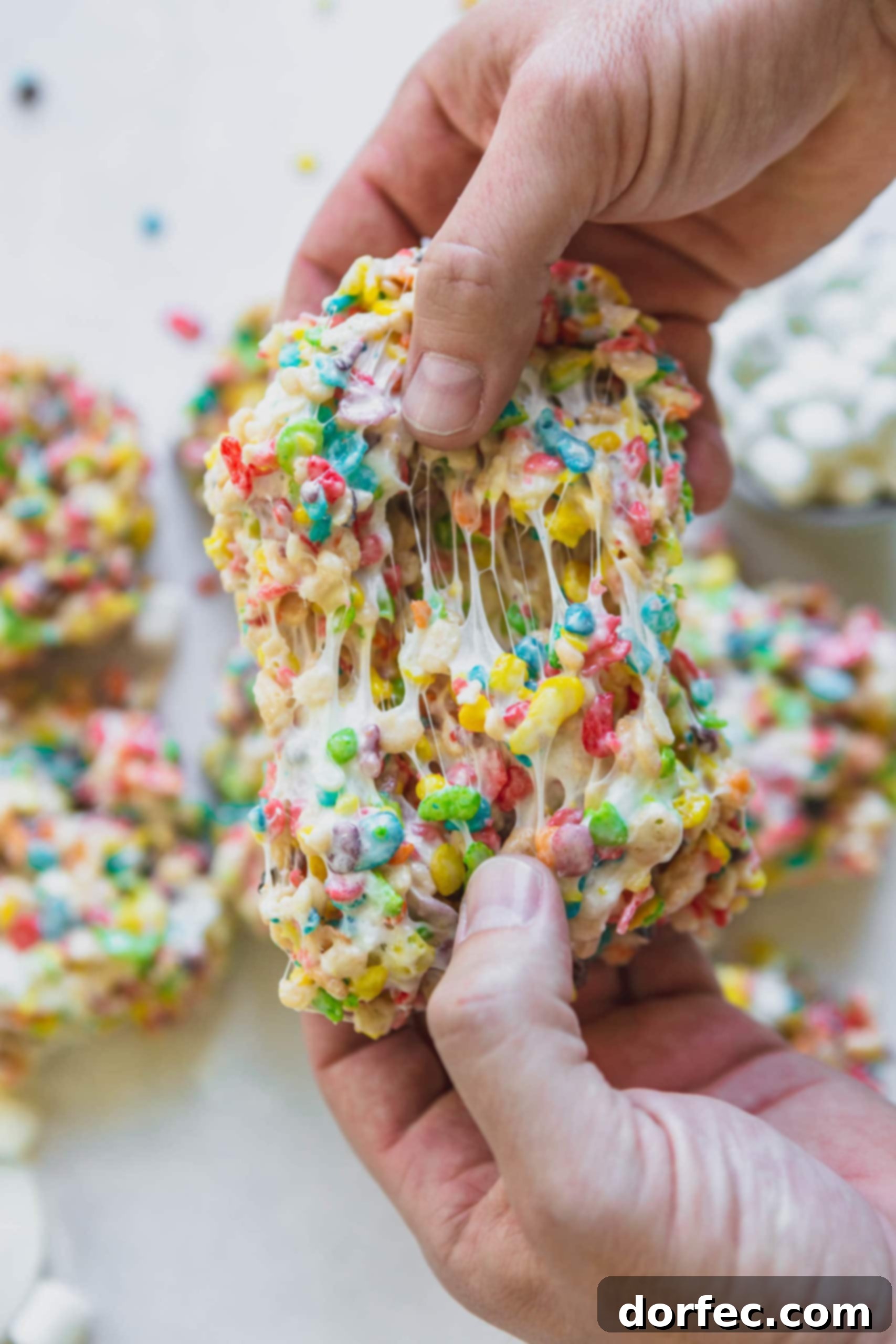 A square of homemade Fruity Pebbles Rice Krispie treats being pulled apart, revealing the stretchy, gooey marshmallow and vibrant rainbow cereal inside.