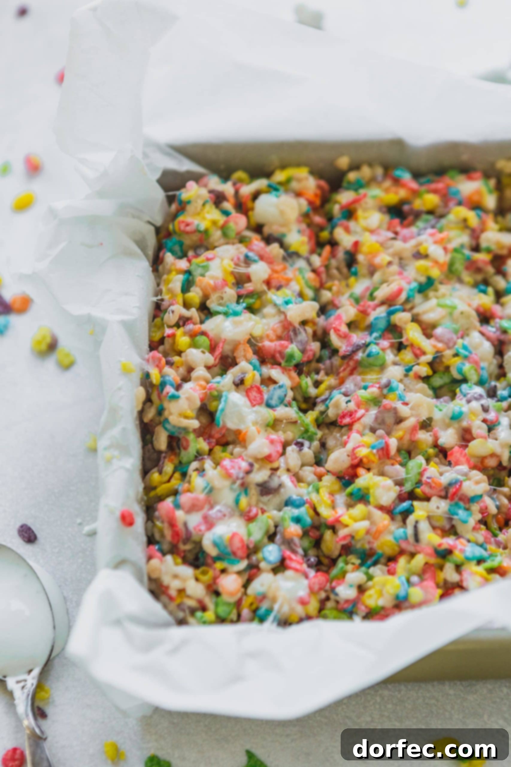 Sliced Fruity Pebbles Rice Krispie treats in a parchment-lined pan, showing off their gooey marshmallow and rainbow cereal pieces.