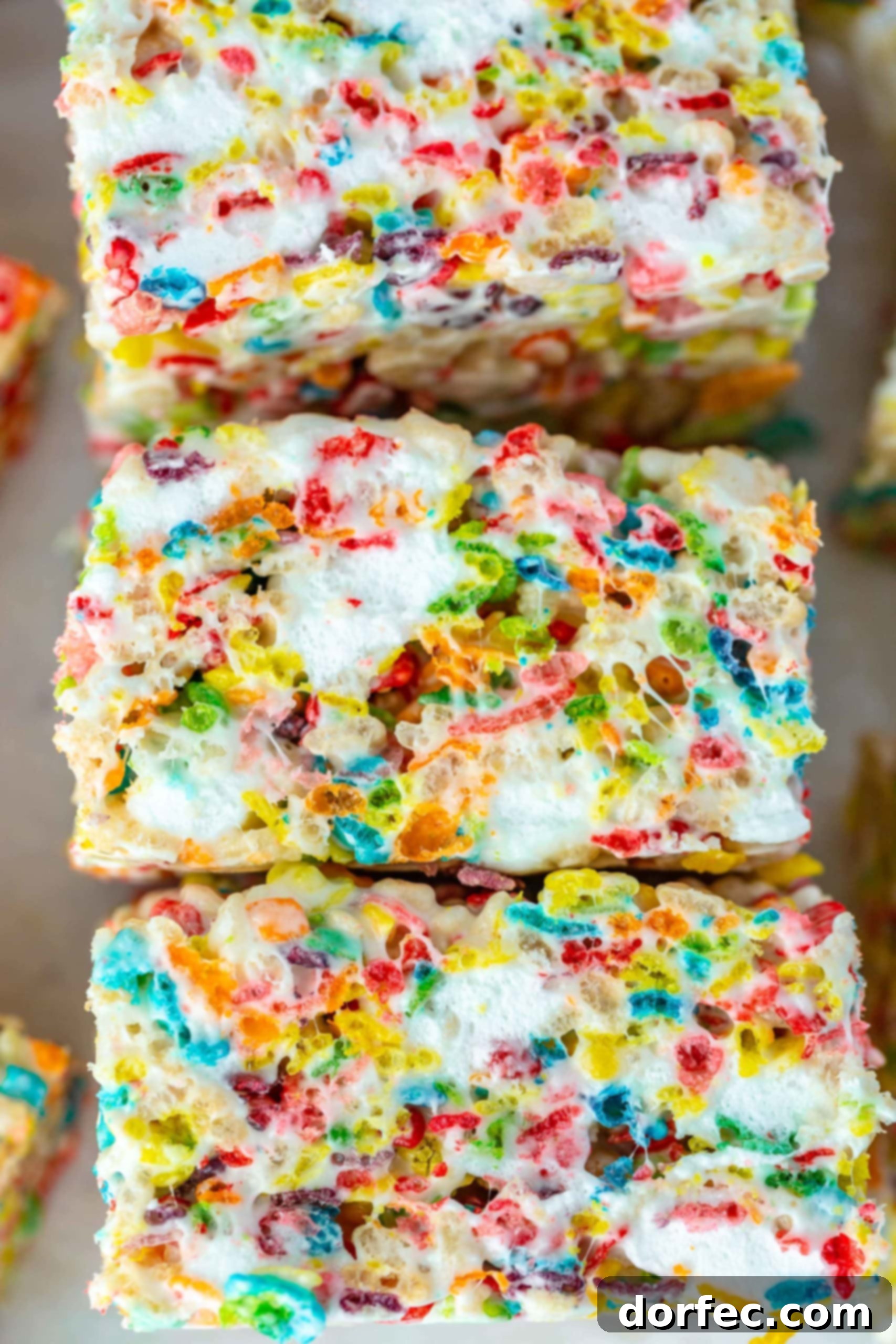 A stack of three gooey Fruity Pebbles Rice Krispie treats, showcasing their vibrant colors and soft marshmallow texture.