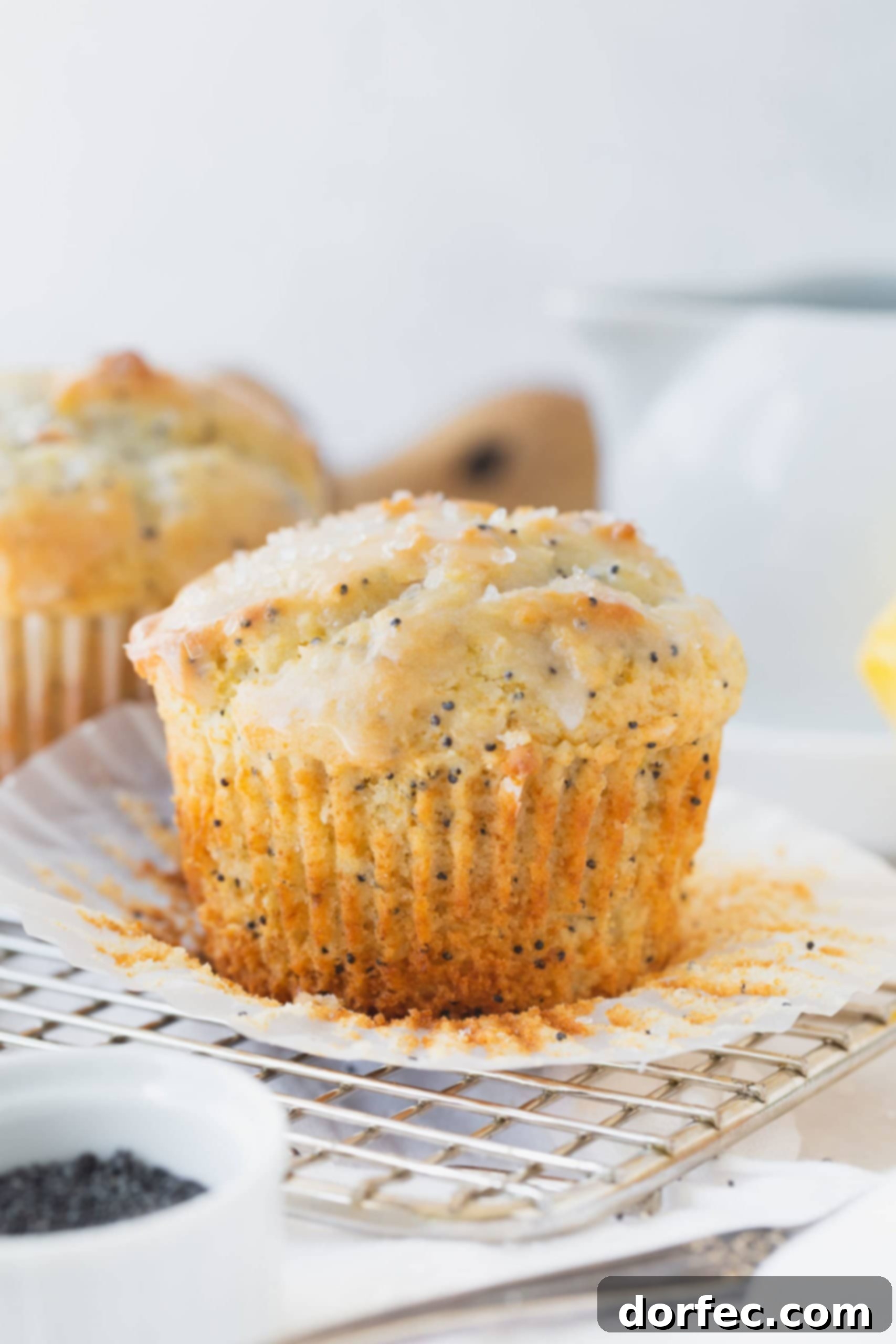 Lemon Poppy Seed Muffins A single lemon-glazed lemon poppy seed muffin with its paper liner elegantly peeled back, inviting a closer look. Another glazed muffin and a fresh lemon provide a pleasant backdrop.