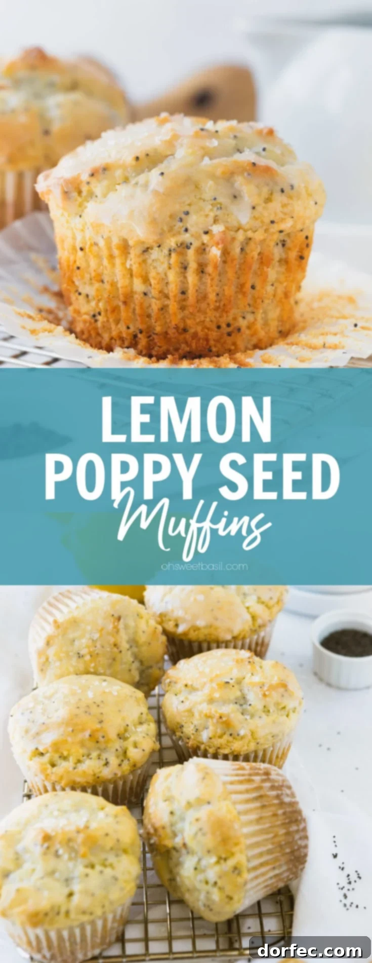Zesty Lemon Poppy Seed Muffins 4 Six lemon poppy seed muffins with lemon glaze. There are two lemons in the background, creating a fresh and inviting scene.