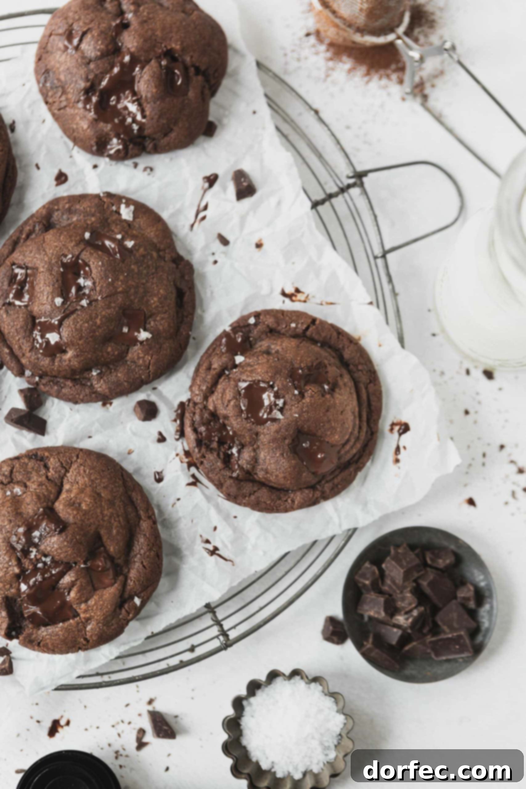 The Best Double Chocolate Chip Cookies A cooling rack filled with freshly baked, rich chocolate chocolate chip cookies. The cookies feature prominent melted chocolate chips, creating a tempting visual and suggesting a soft, gooey center. Bits of chocolate are scattered on the parchment paper lining the rack.