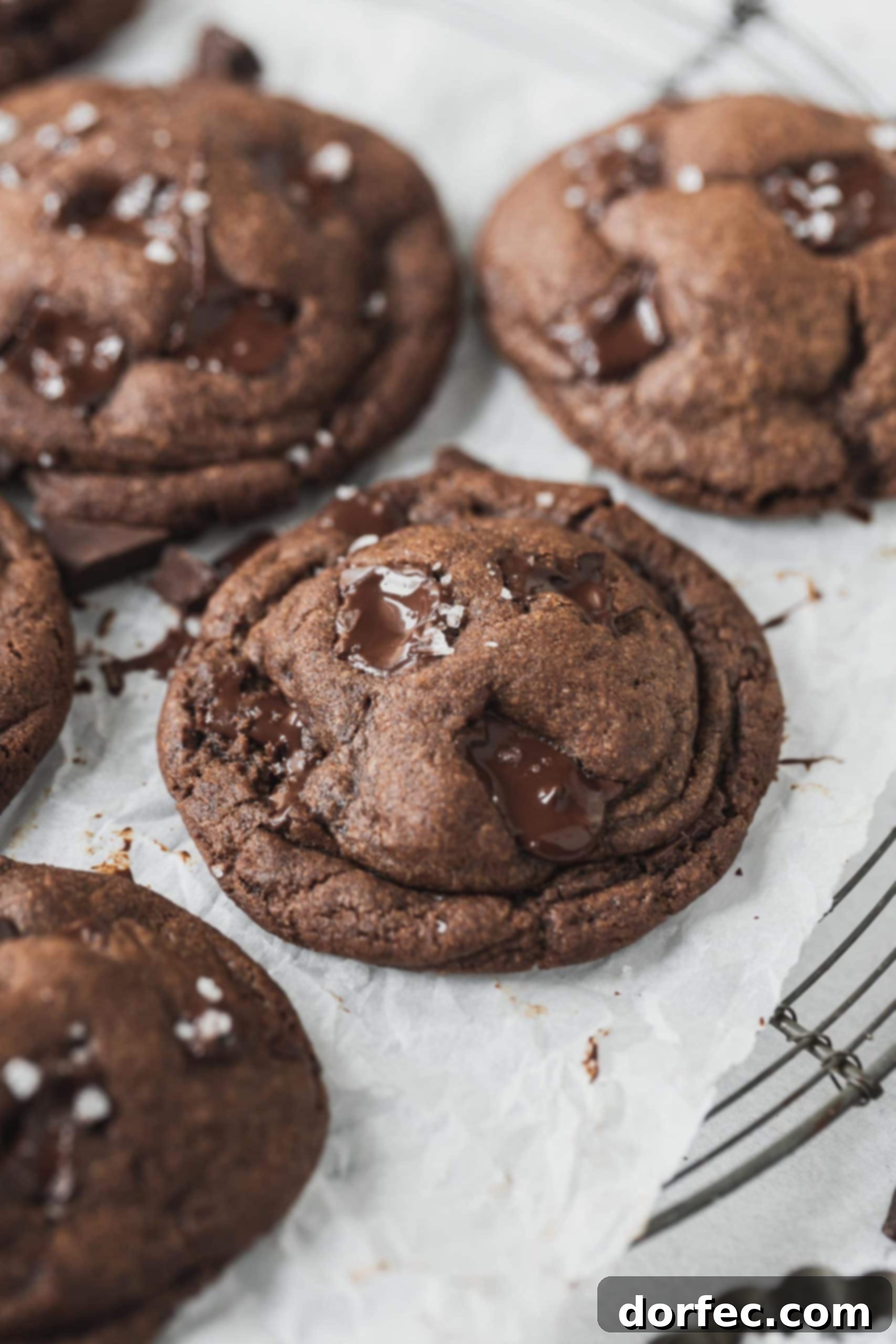 The Best Double Chocolate Chip Cookies Close-up shot of chocolate chocolate chip cookies cooling on a wire rack. The cookies are dark and rich, with visible melted chocolate pieces scattered throughout, highlighting their gooey texture.
