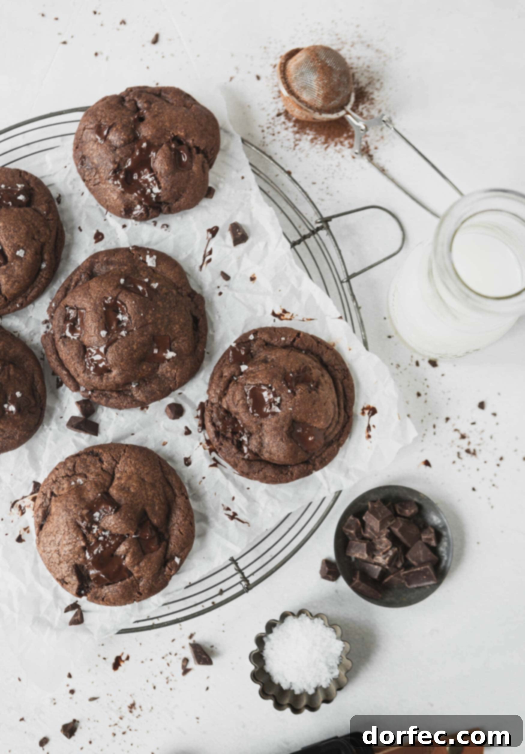 The Best Double Chocolate Chip Cookies Freshly baked double chocolate chip cookies resting on parchment paper on a wire cooling rack. These deep chocolate cookies are adorned with perfectly melted chocolate chips, indicating their gooey interior.