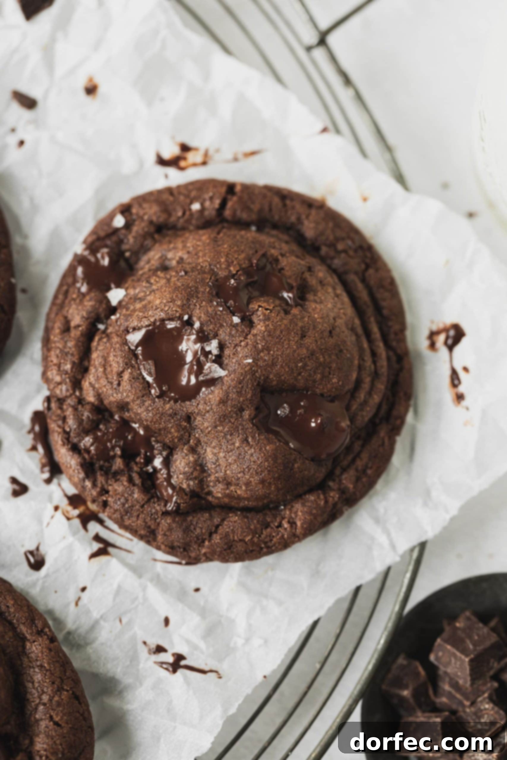 The Best Double Chocolate Chip Cookies A single, freshly baked double chocolate chip cookie. It is wonderfully soft, generously filled with melted chocolate chips, and boasts a rich, dark chocolate hue.