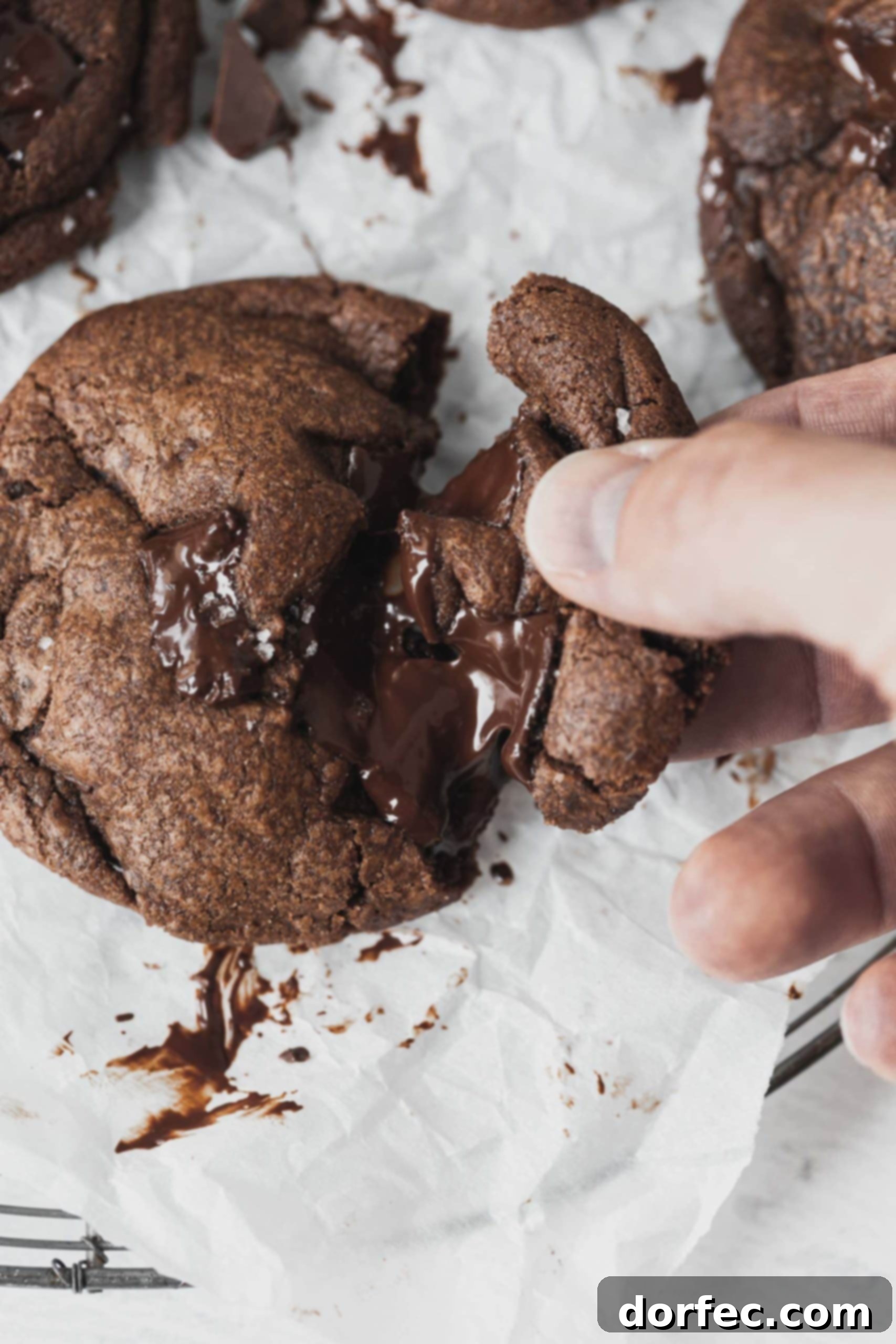 The Best Double Chocolate Chip Cookies A soft, warm double chocolate chip cookie being gently broken in half, revealing its moist interior and gooey melted chocolate chips. The texture appears incredibly tender and inviting.