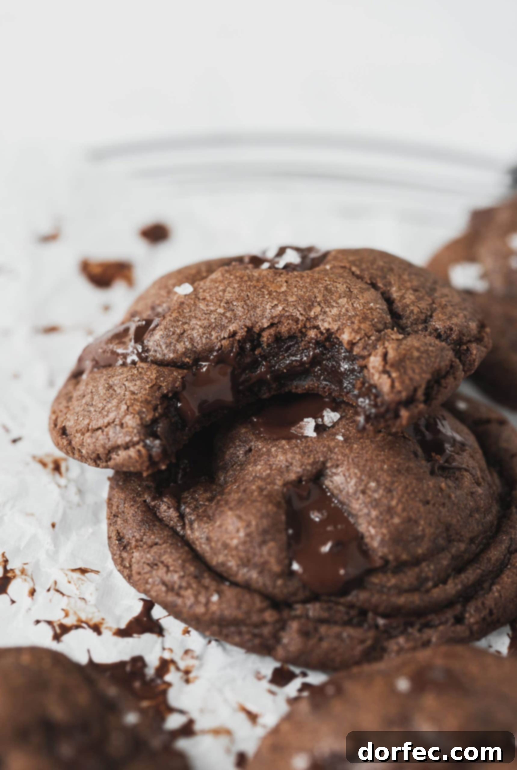 The Best Double Chocolate Chip Cookies Two soft, moist double chocolate chip cookies stacked on top of each other. The top cookie has a bite taken out of it, revealing its rich, dark interior and melty chocolate pieces.