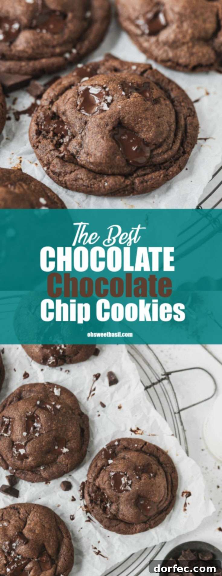 Ultimate Double Chocolate Chip Cookies 3 A cooling rack with freshly baked, rich double chocolate chip cookies. Each cookie is dotted with melted chocolate chips, resting on parchment paper.