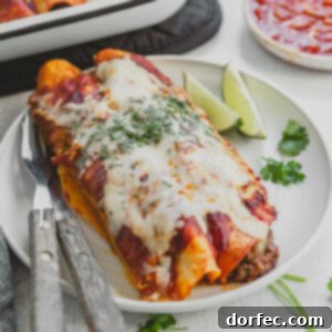 A finished plate of Cheesy Ground Beef Enchiladas