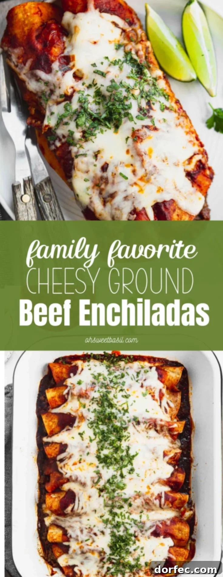A photo of two ground beef enchiladas sitting on a white plate with two lime wedges sitting next to them.