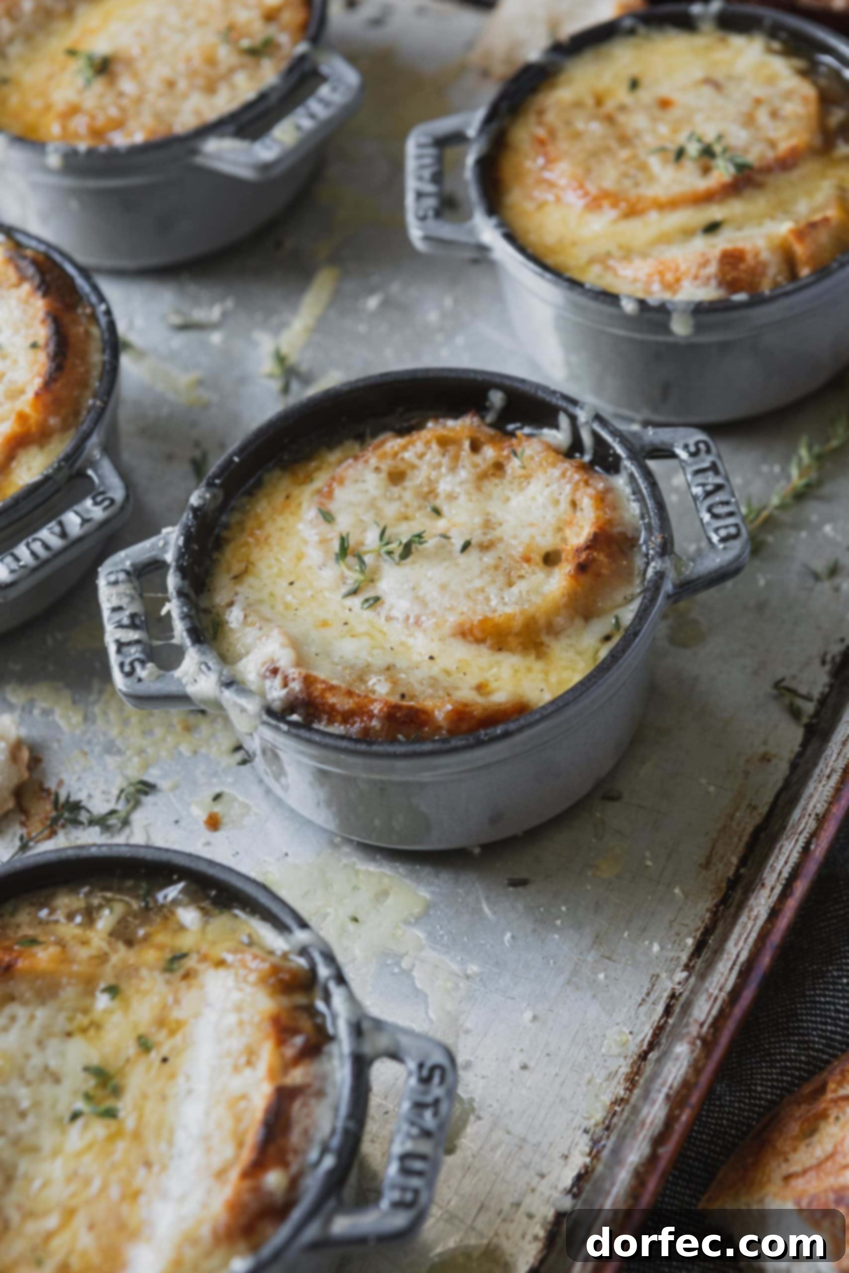 A baking sheet with metal soup bowls containing onion soup with toasted bread and melted cheese on top.