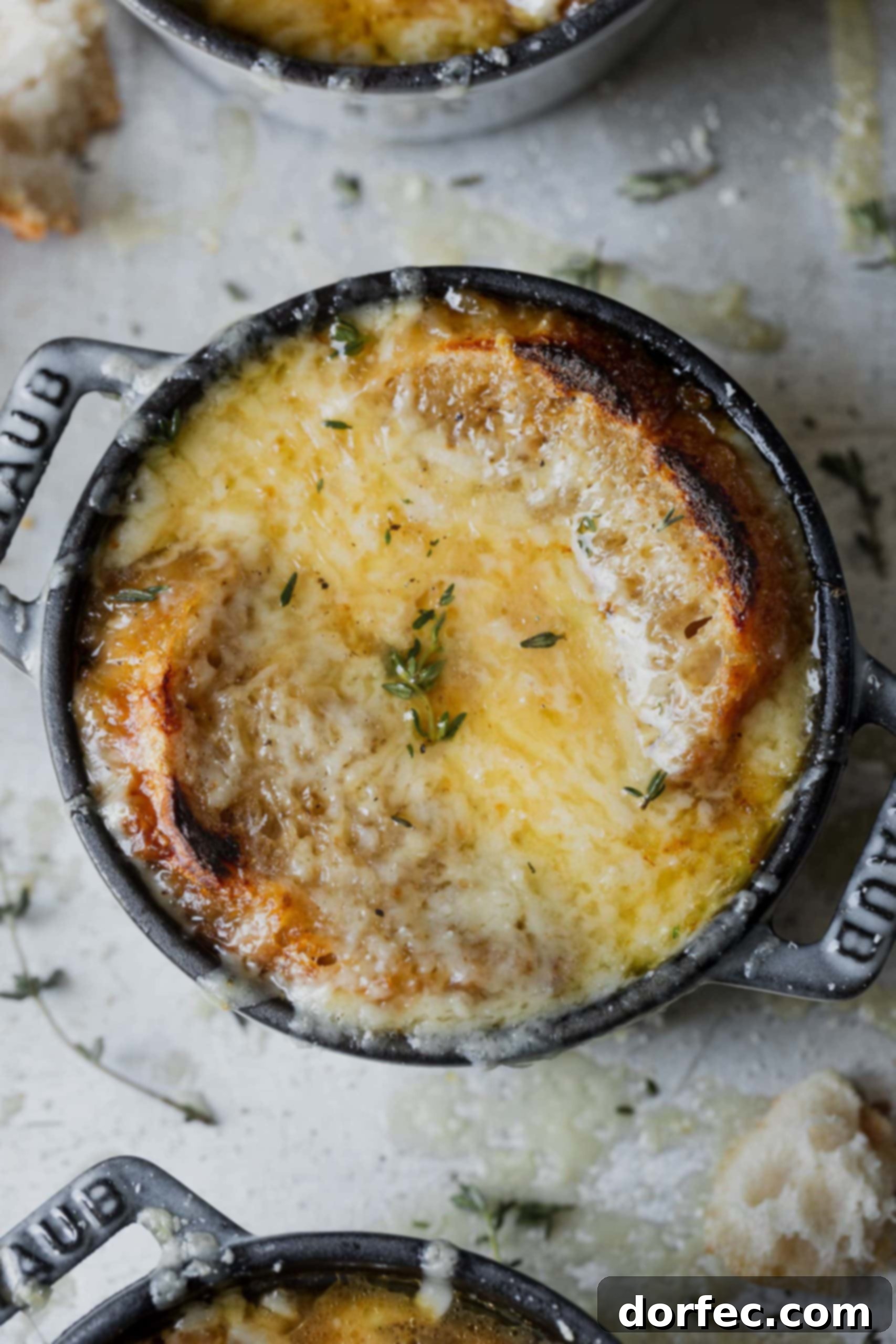 A bowl of onion soup with melted cheese and toasted bread on top.
