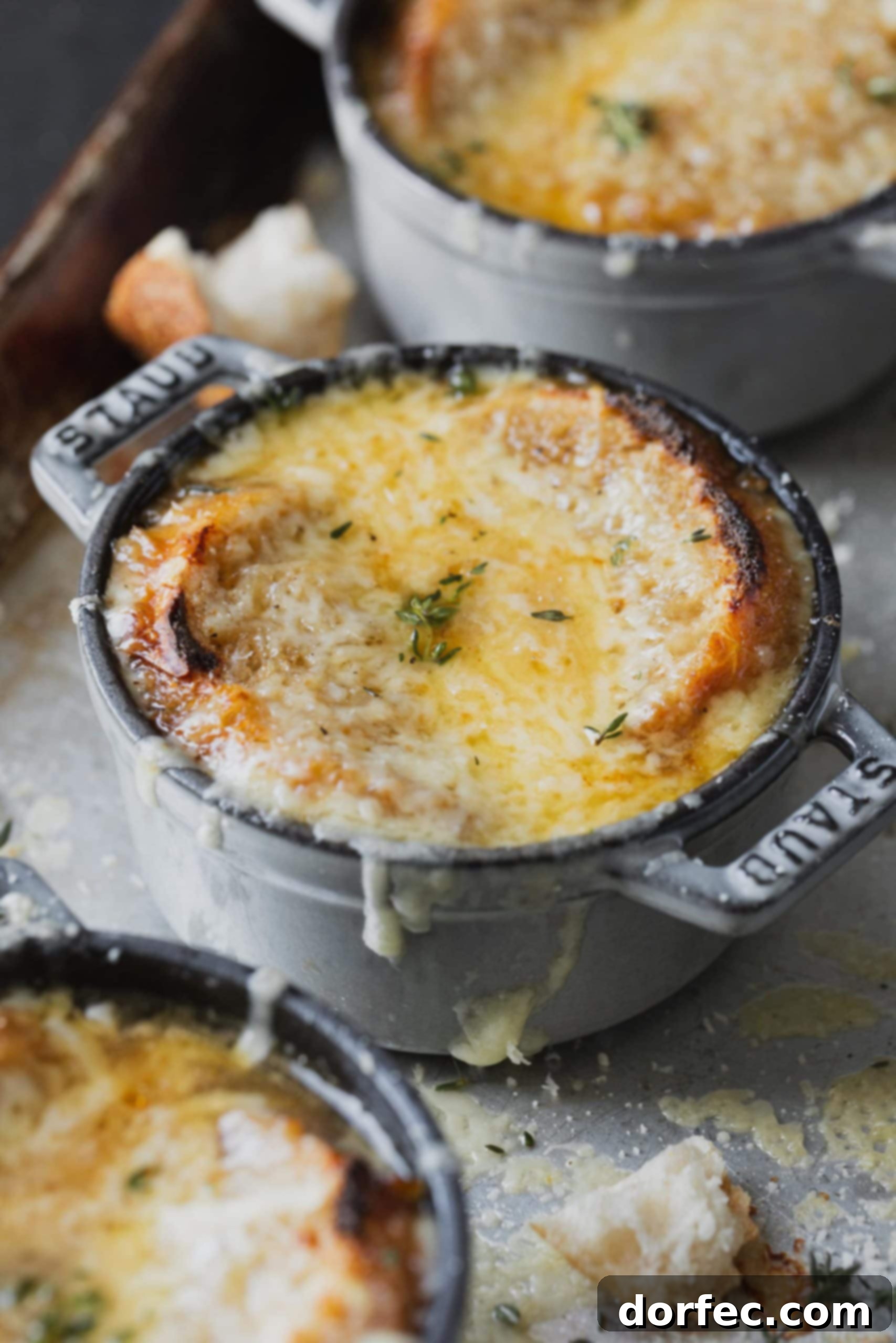 A bowl of onion soup with melted cheese and toasted bread on top. More bowls of soup are in the background.