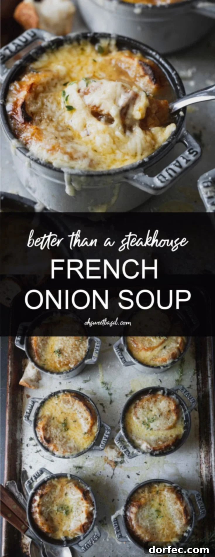 A baking sheet with containers of Onion soup. The soup has a bread and cheese topping that has been toasted in the oven.