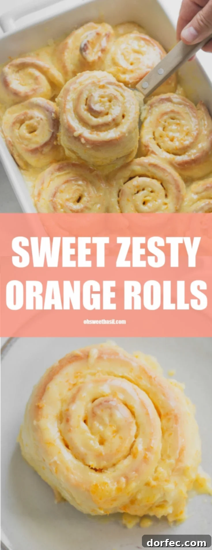 Orange Sunshine Buns 3 A pan of baked, glazed orange rolls. They are golden brown with an orange glaze filled with bits of orange zest.