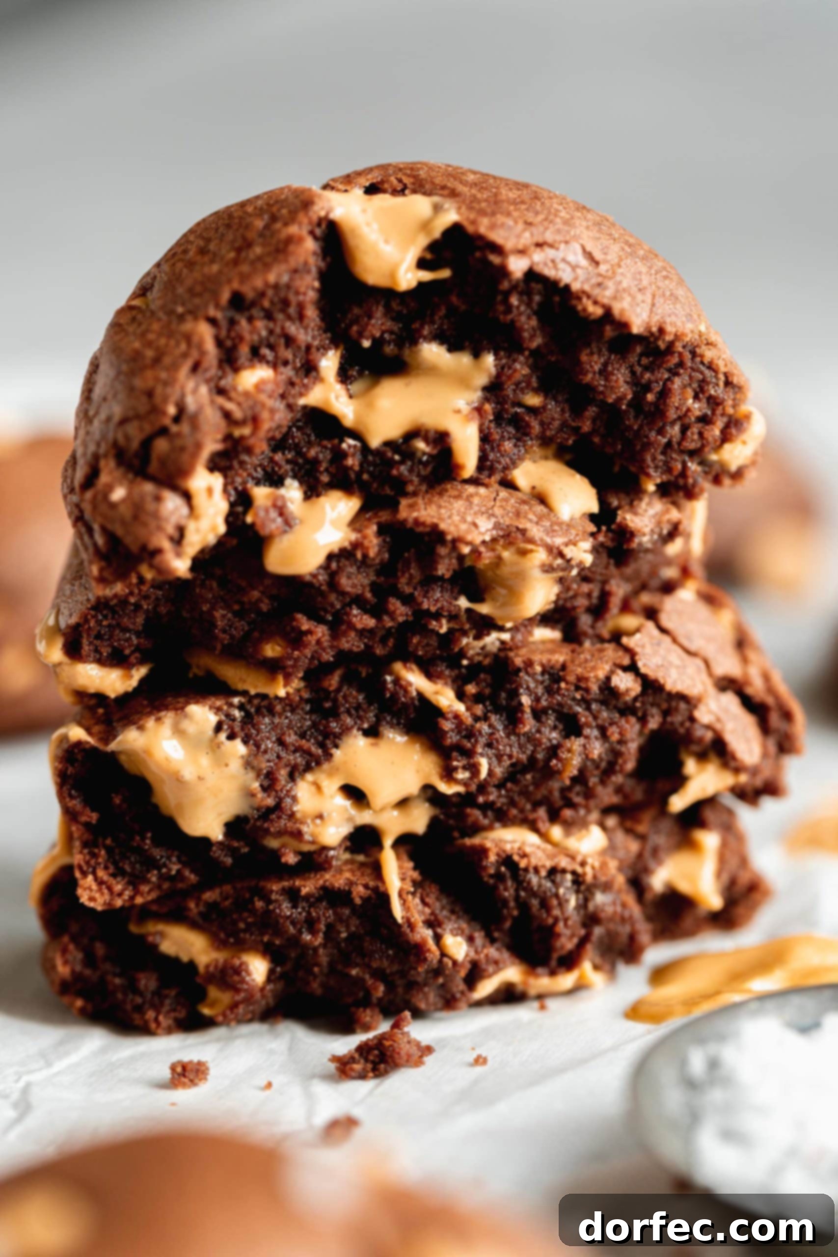 A chocolate peanut butter chip cookie broken in half and stacked on top of each other. You can see the soft chocolate cookie with peanut butter chips in it.