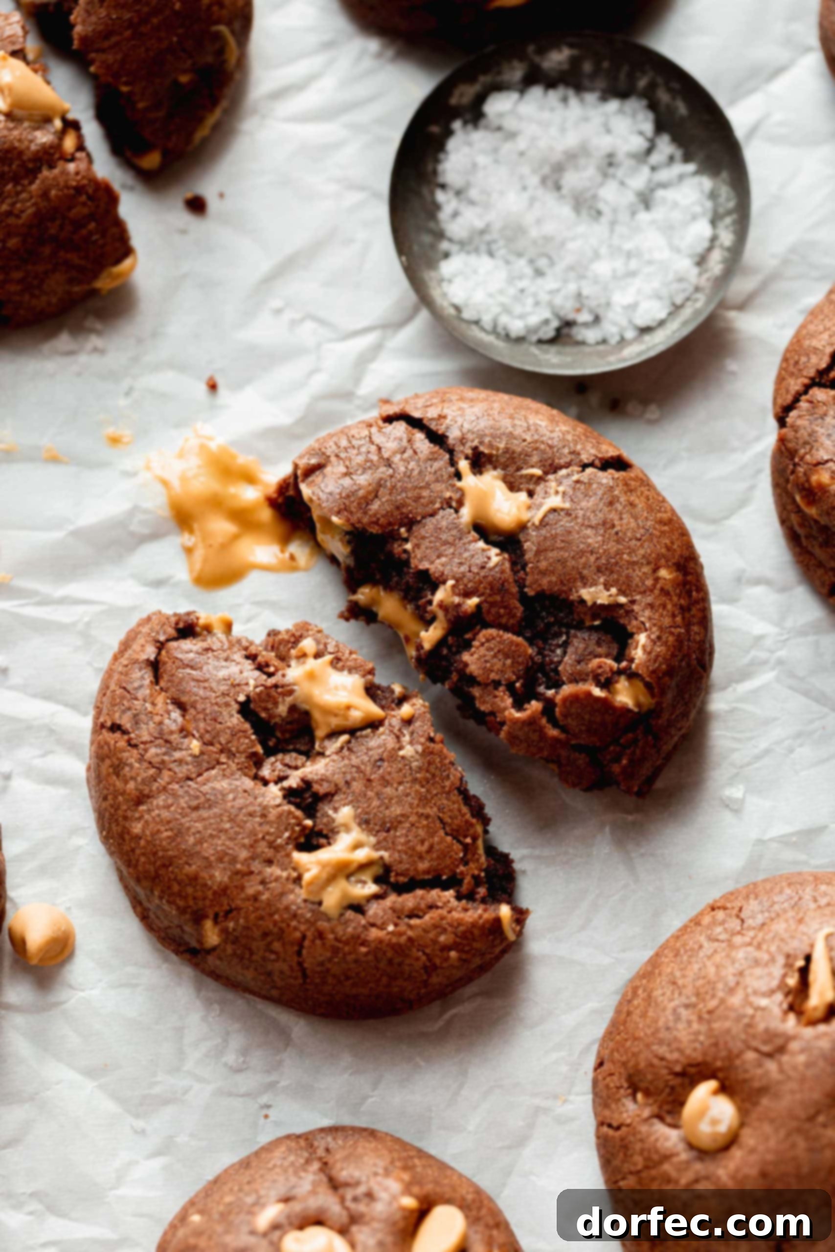 A peanut butter chocolate cookie that is broken in half. The chocolate cookie has peanut butter chips in it.