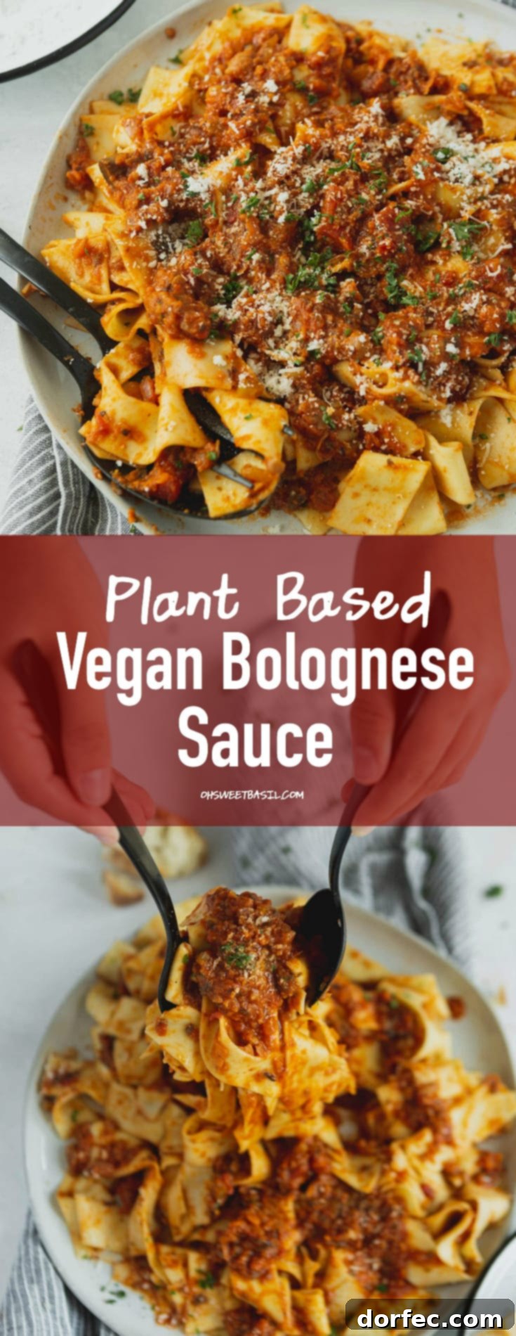 A dinner plate of pasta topped with vegan bolognese sauce. It is a thick red sauce and there are cilantro leaves sprinkled on top and a fork is on the plate next to the pasta.