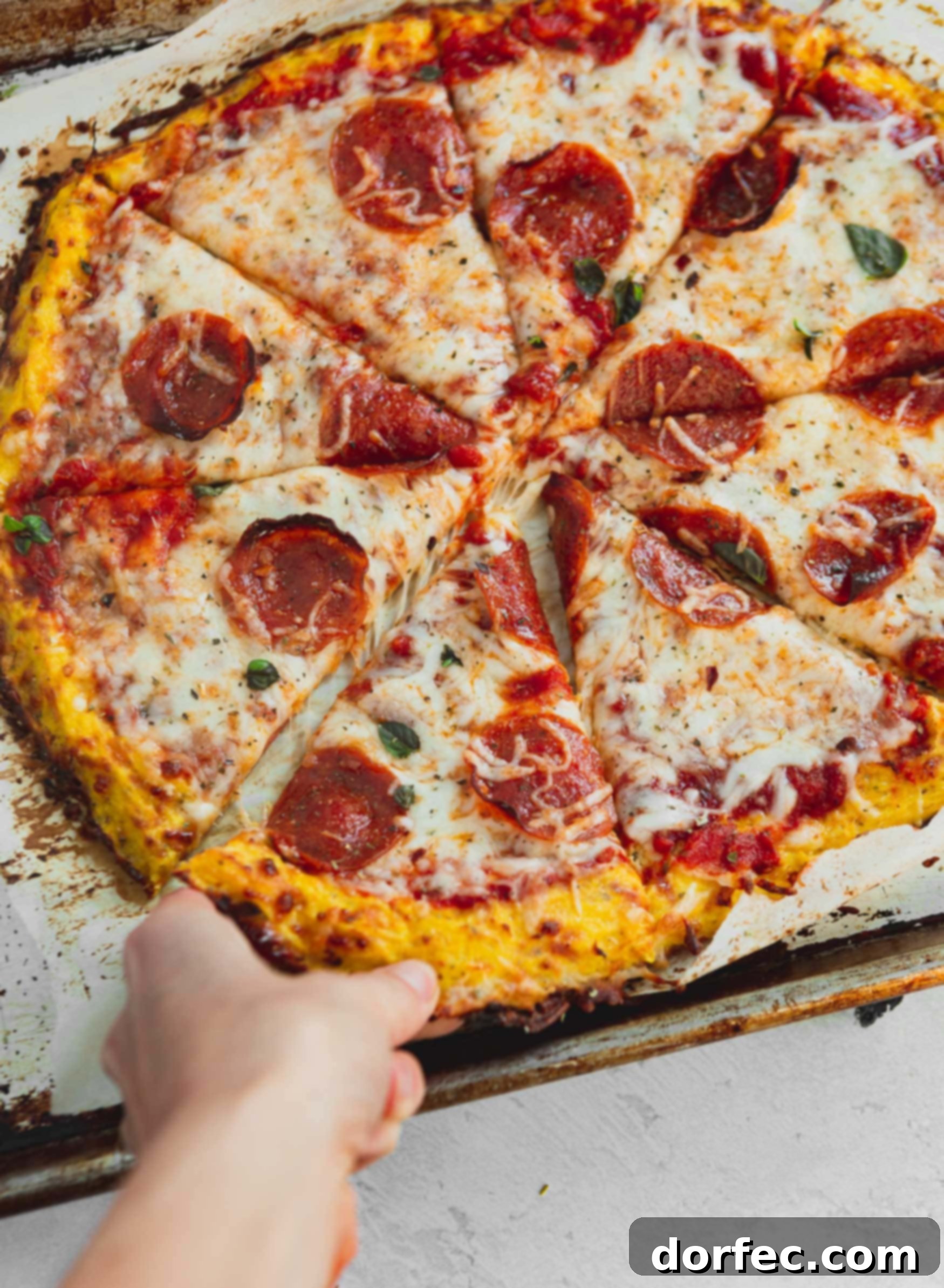 A pepperoni pizza on a keto spaghetti squash crust. The pizza is sliced and a slice is being removed from the pizza.