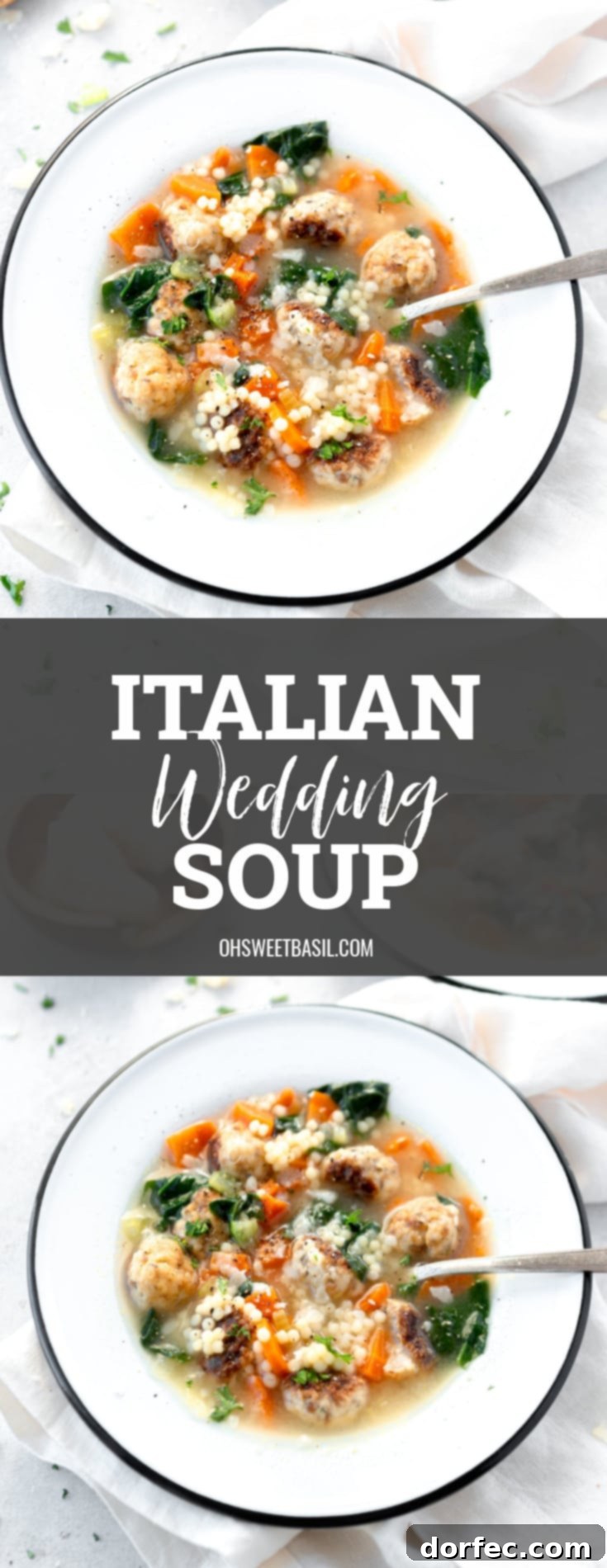 A Marriage of Flavors Soup 2 A bowl of Italian wedding soup. A spoon is in the soup and it is packed with meatballs, carrots and spinach.