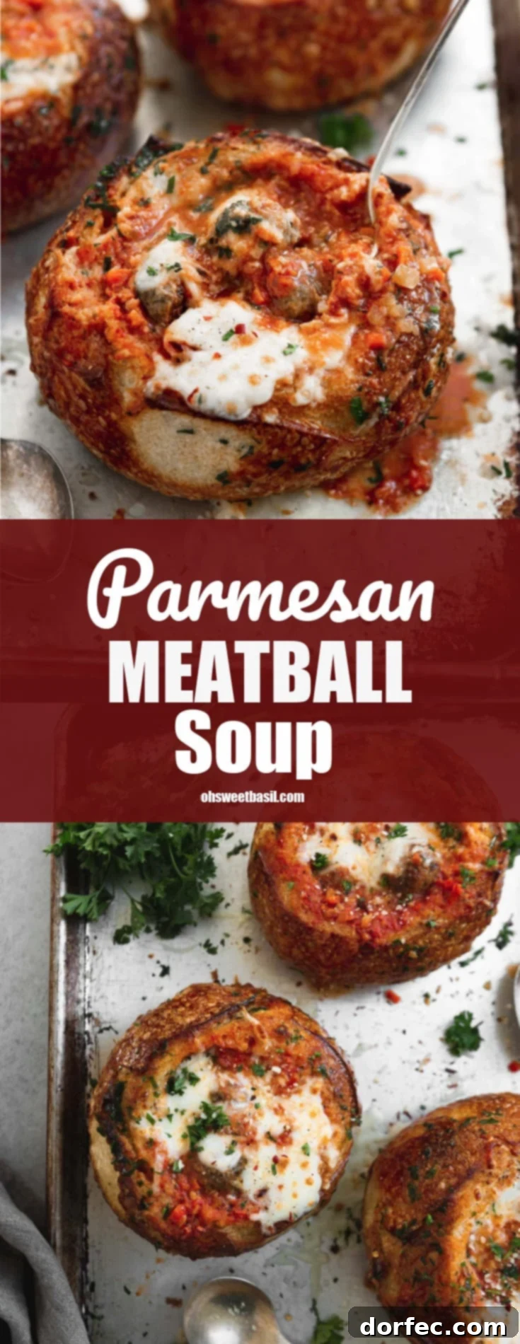 Hearty Parmesan Meatball Soup 2 A bread bowl filled with parmesan meatball soup. The bread bowl and soup have been baked to a perfect toasty brown and the cheese on top is gooey melted perfection.