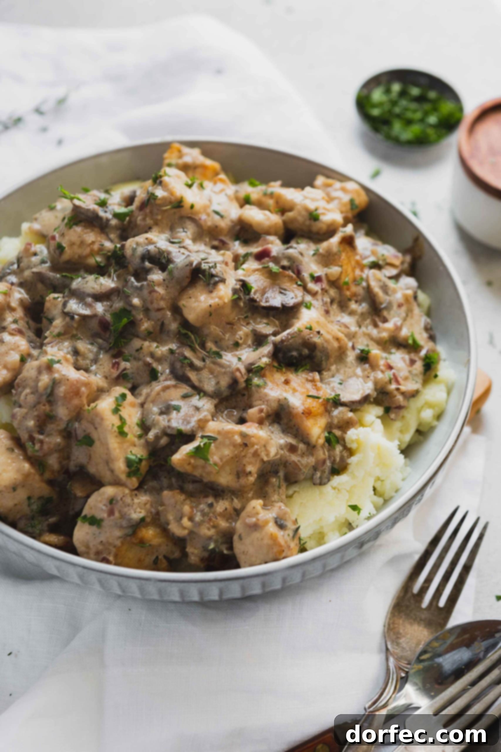 A serving of creamy chicken stroganoff over mashed potatoes. There are chunks of chicken and mushrooms in a creamy, savory sauce.
