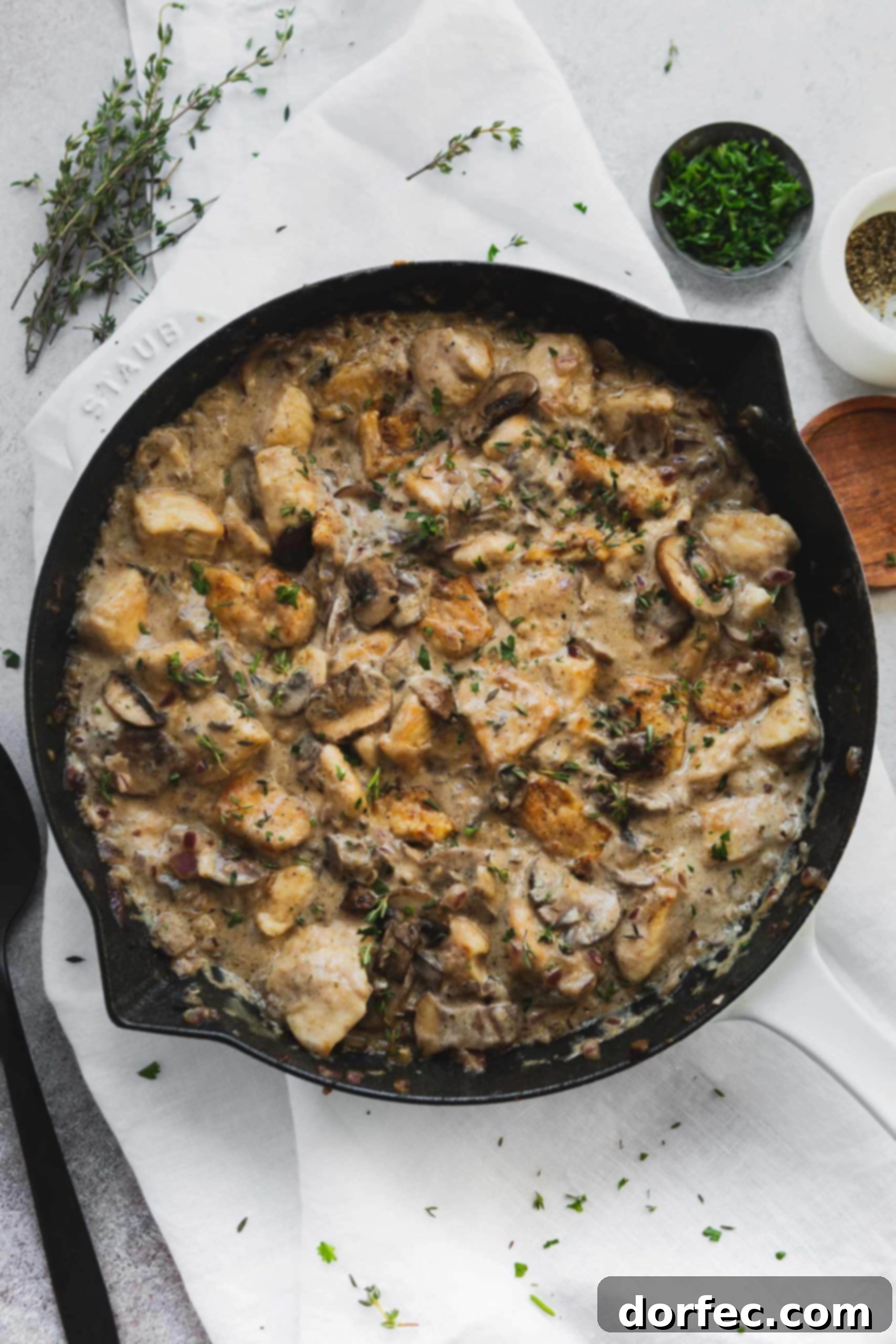 A Dutch Oven filled with creamy chicken stroganoff. The stroganoff has chunks of chicken in a rich, savory sauce.