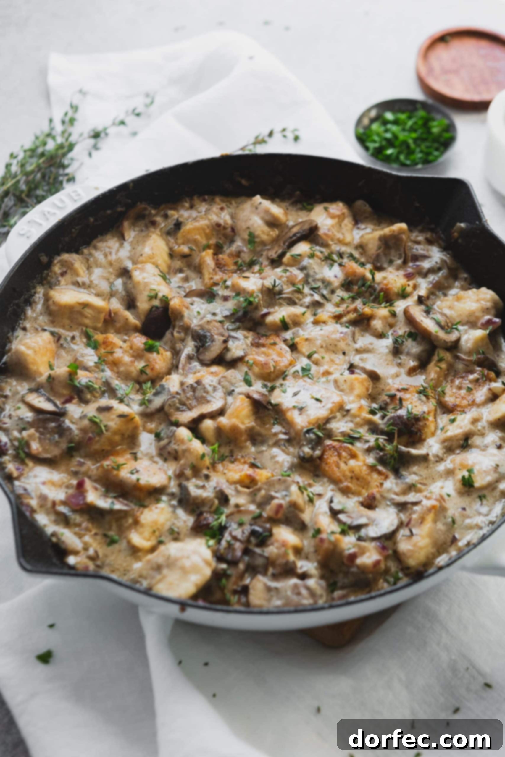 Chicken stroganoff in a Dutch Oven. The chunks of chicken are mixed in a creamy sauce with mushrooms and herbs.