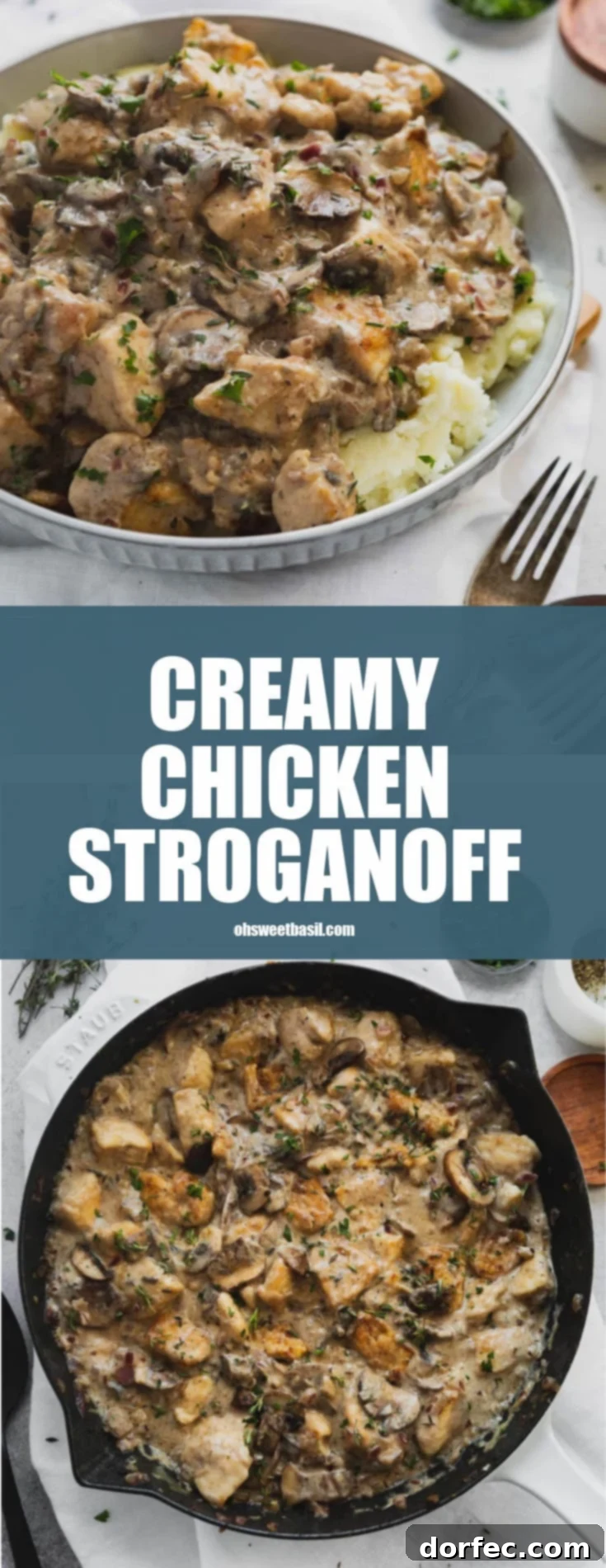 Chicken stroganoff in a Dutch Oven with a serving spoon. There are chunks of chicken and mushrooms in a creamy sauce.
