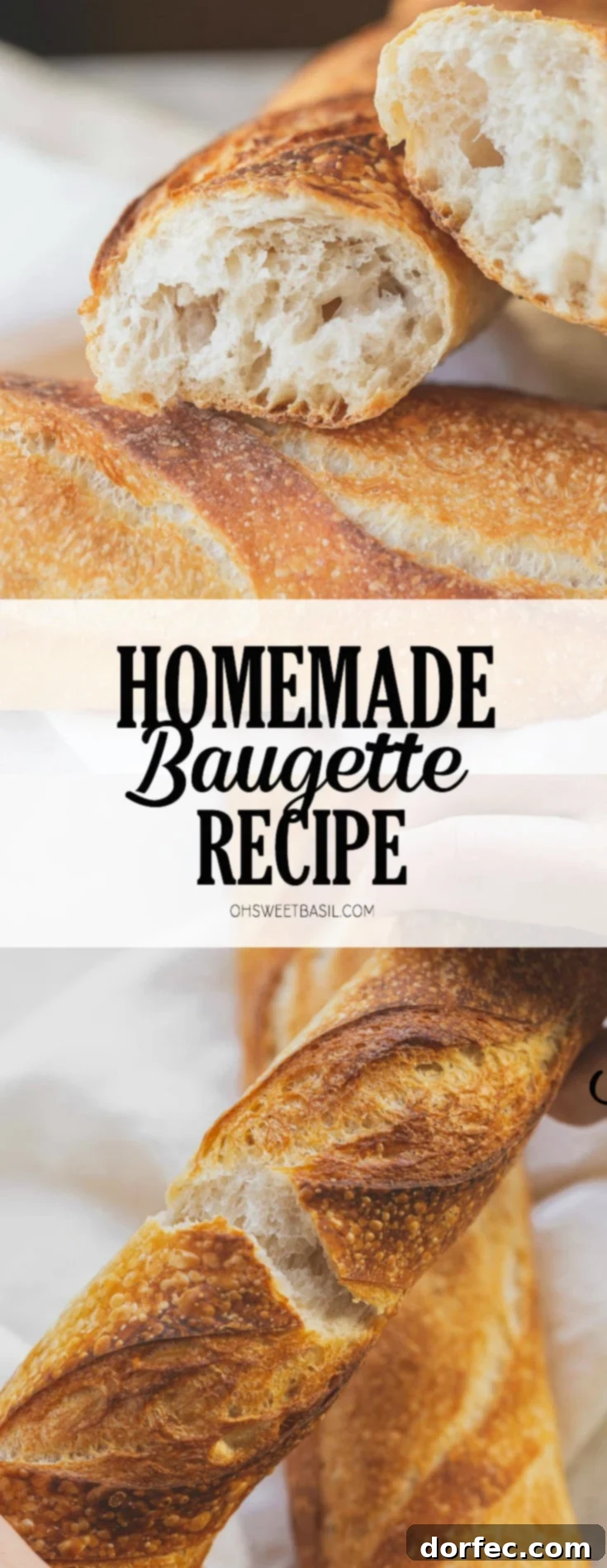 Two freshly baked baguettes on a cooling rack. The baguettes have a paper wrap and tag around the center of the loaf.